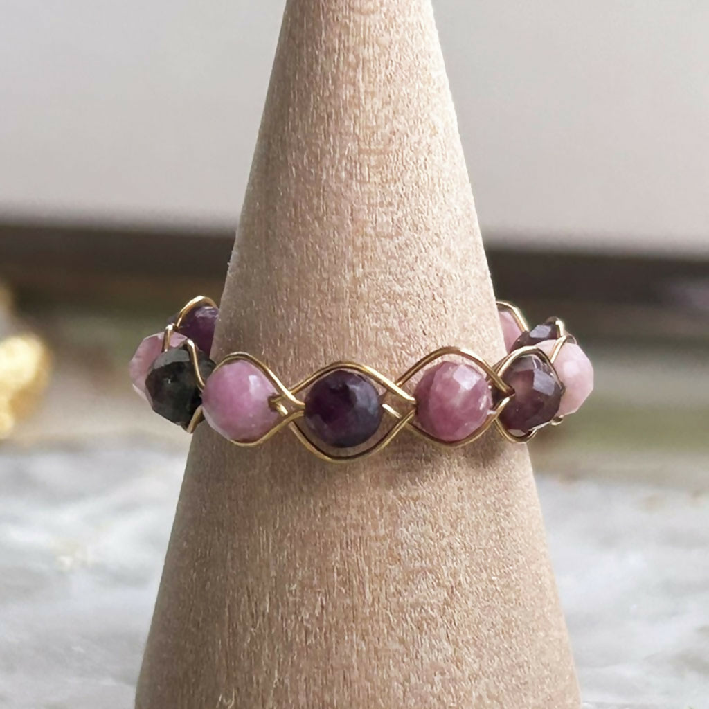 Handmade Gold Vermeil Pink Tourmaline Beaded Ring Size M