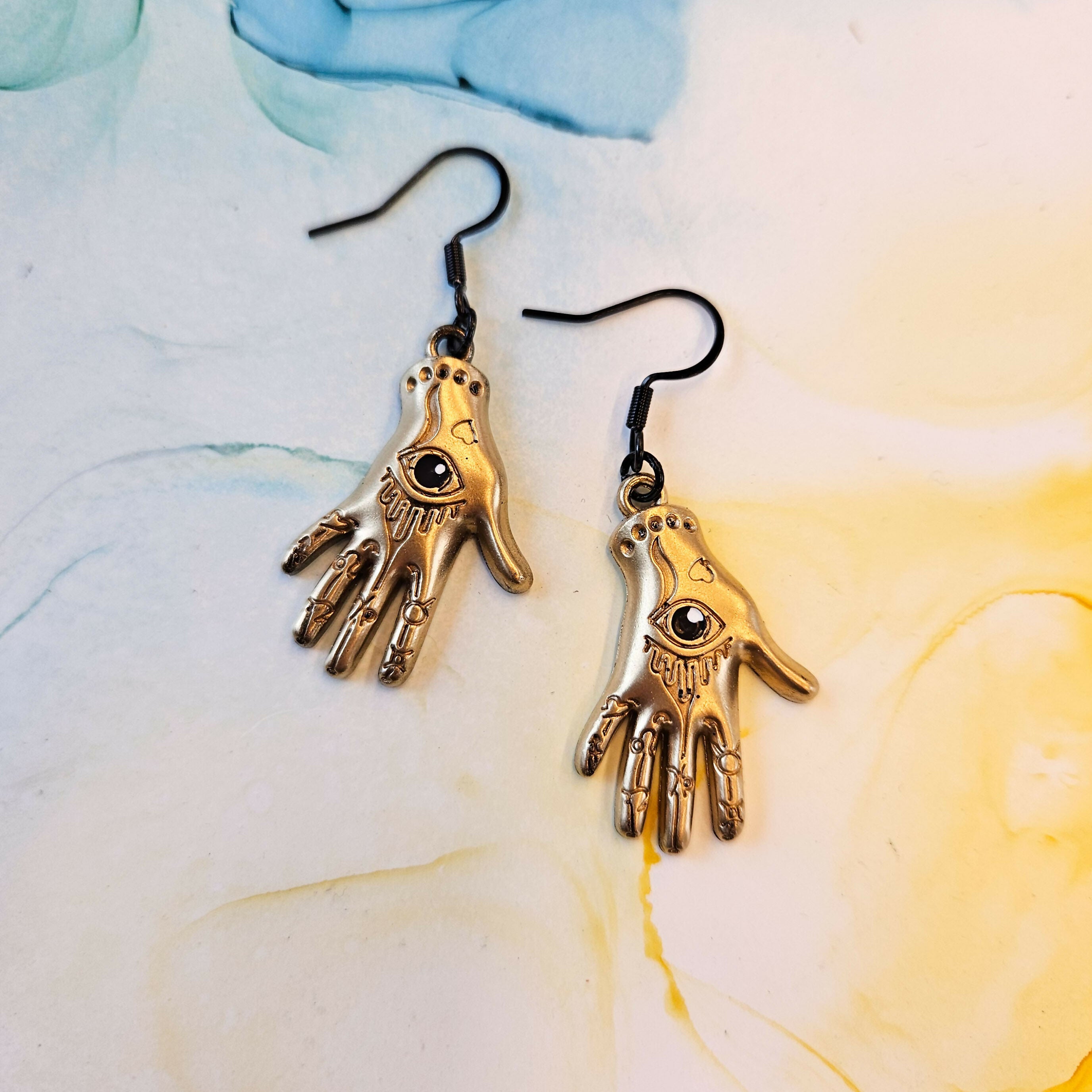 Handmade Gold And Black Evil Eye Hands Resin Earrings