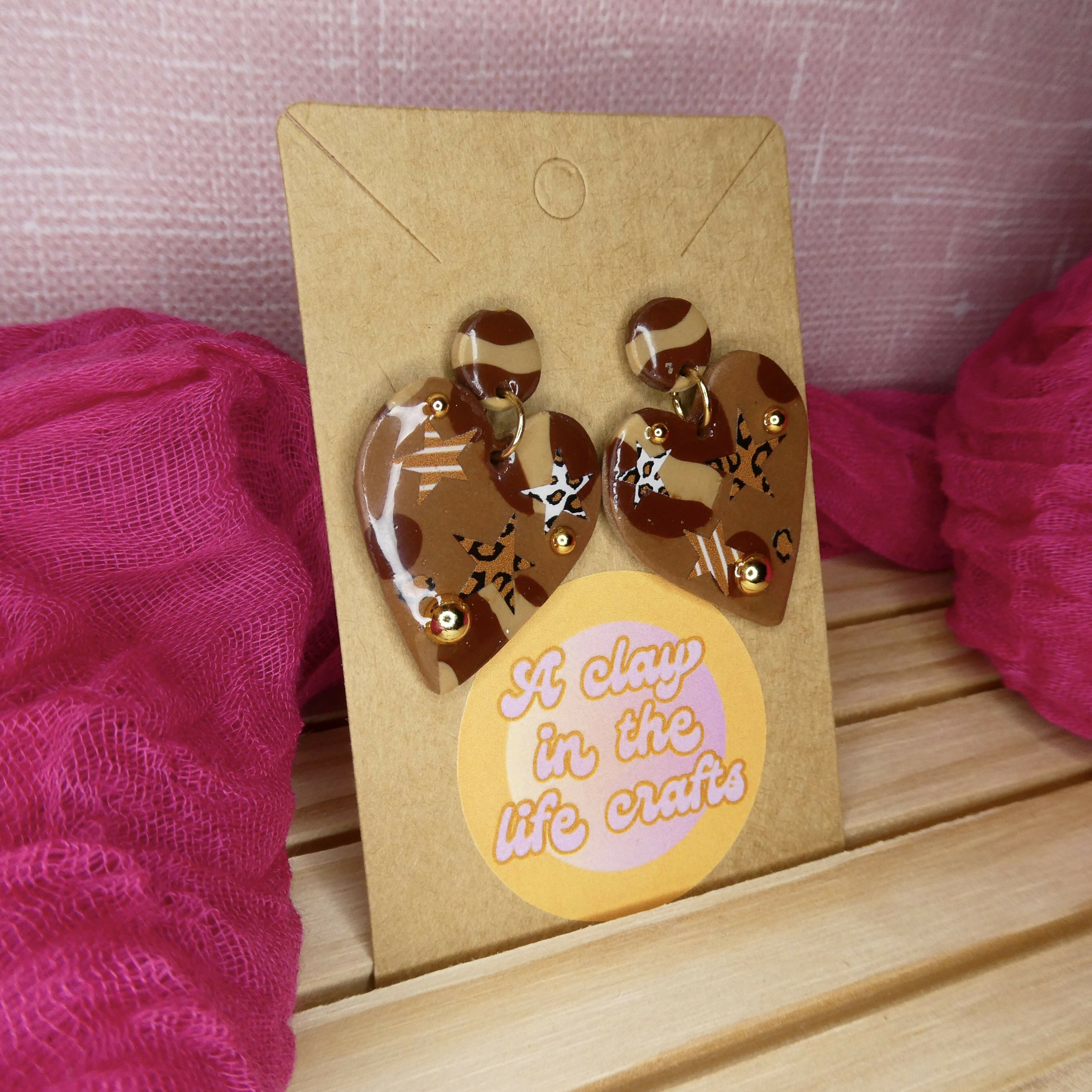 Brown And Nude Abstract Heart Star Polymer Clay Earrings