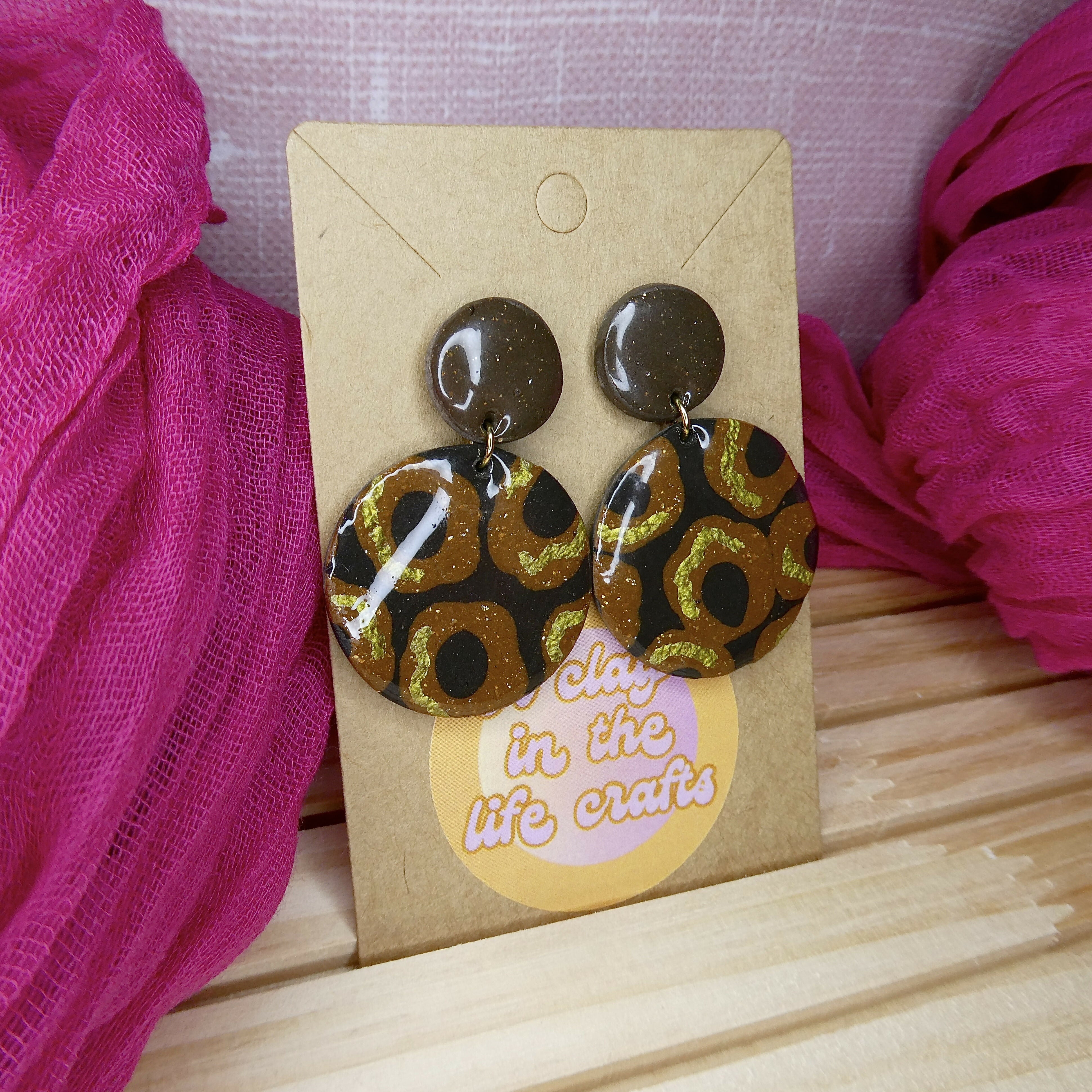 Brown And Gold Earrings With Cheetah Print Design
