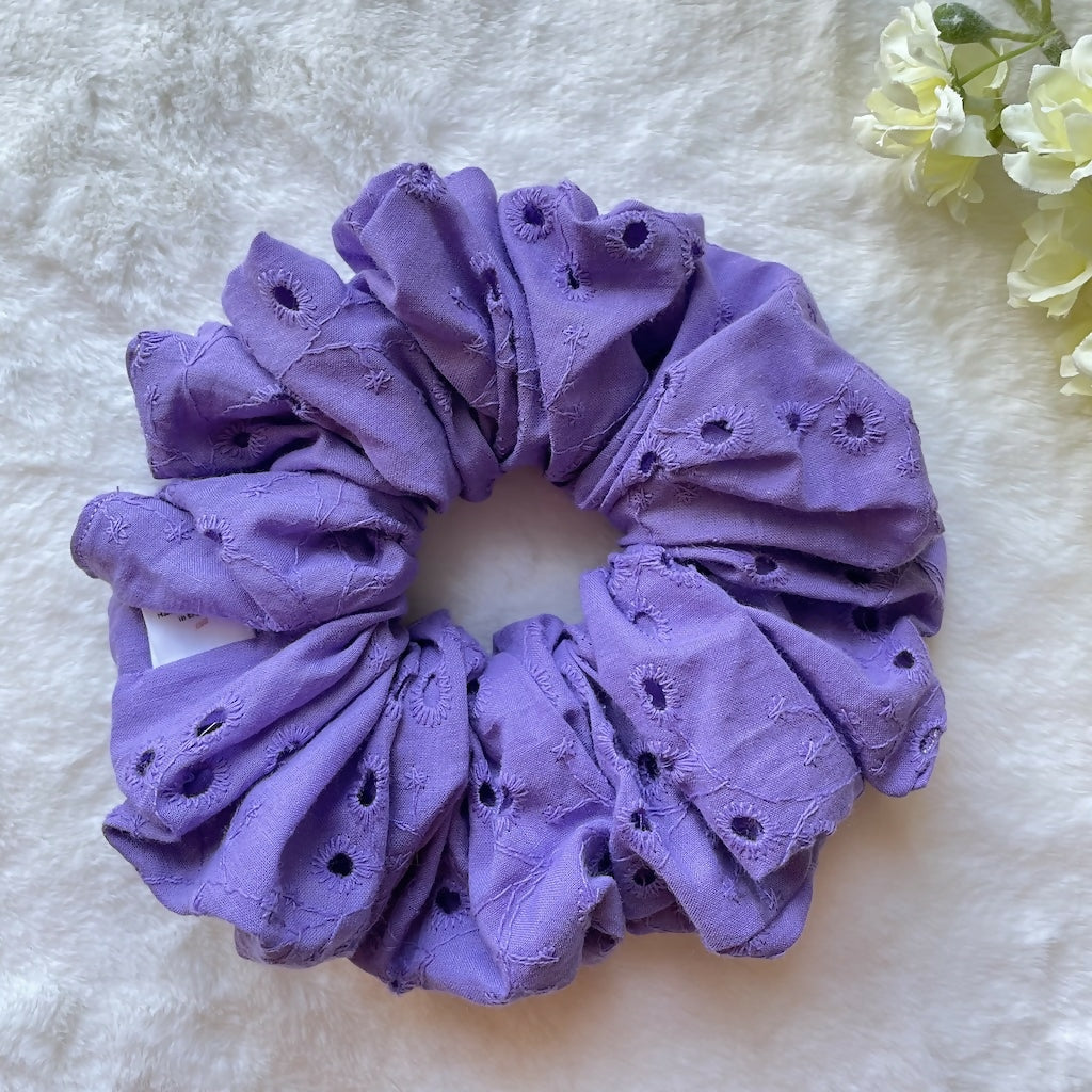 Handmade Scrunchies Violet Embroidered Cotton