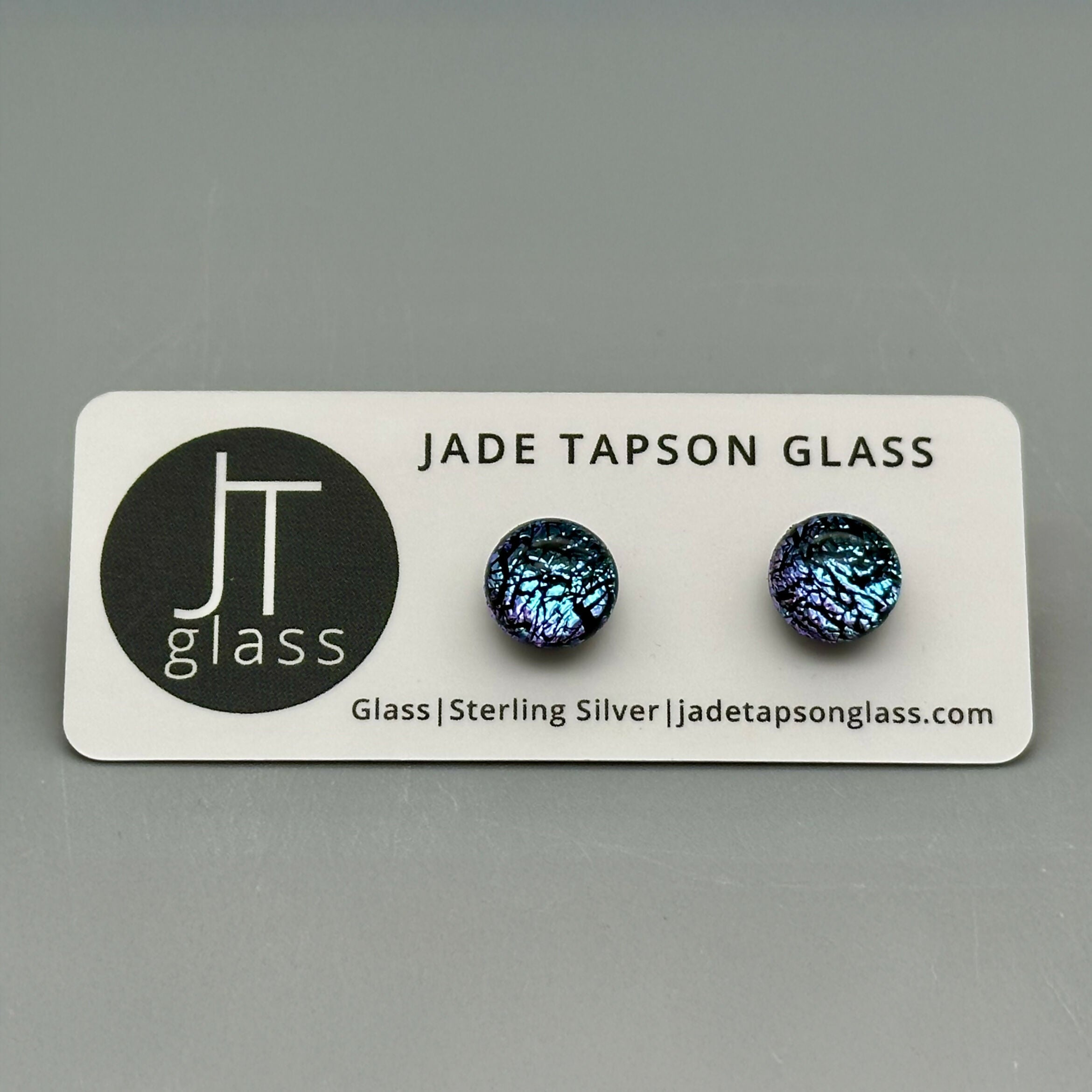 Ice Blue & Purple Dichroic Fused Glass Sterling Silver Stud Earrings - Handmade by Jade Tapson Glass.