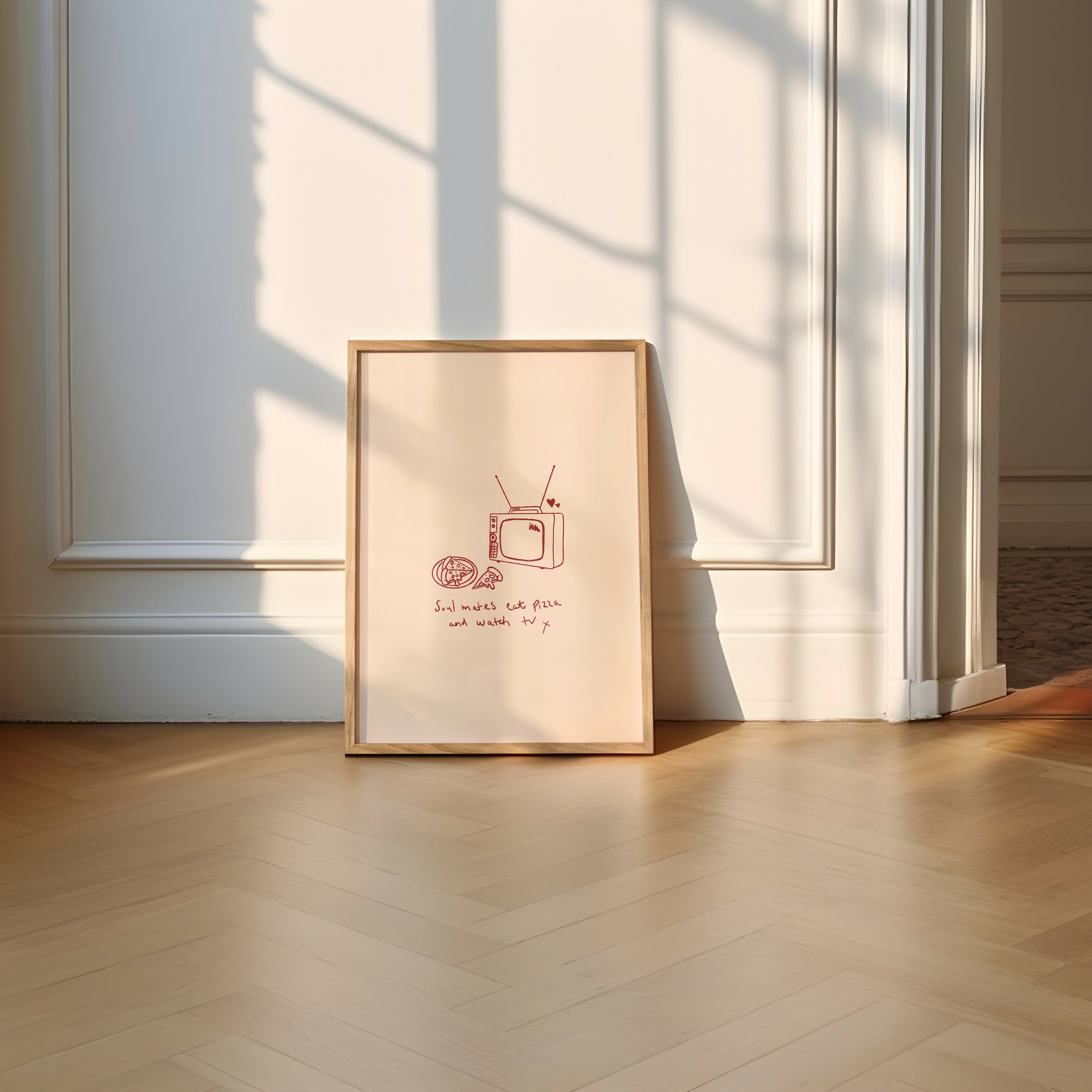 Soul Mates Eat Pizza and Watch TV – Hand Drawn Red Love Print