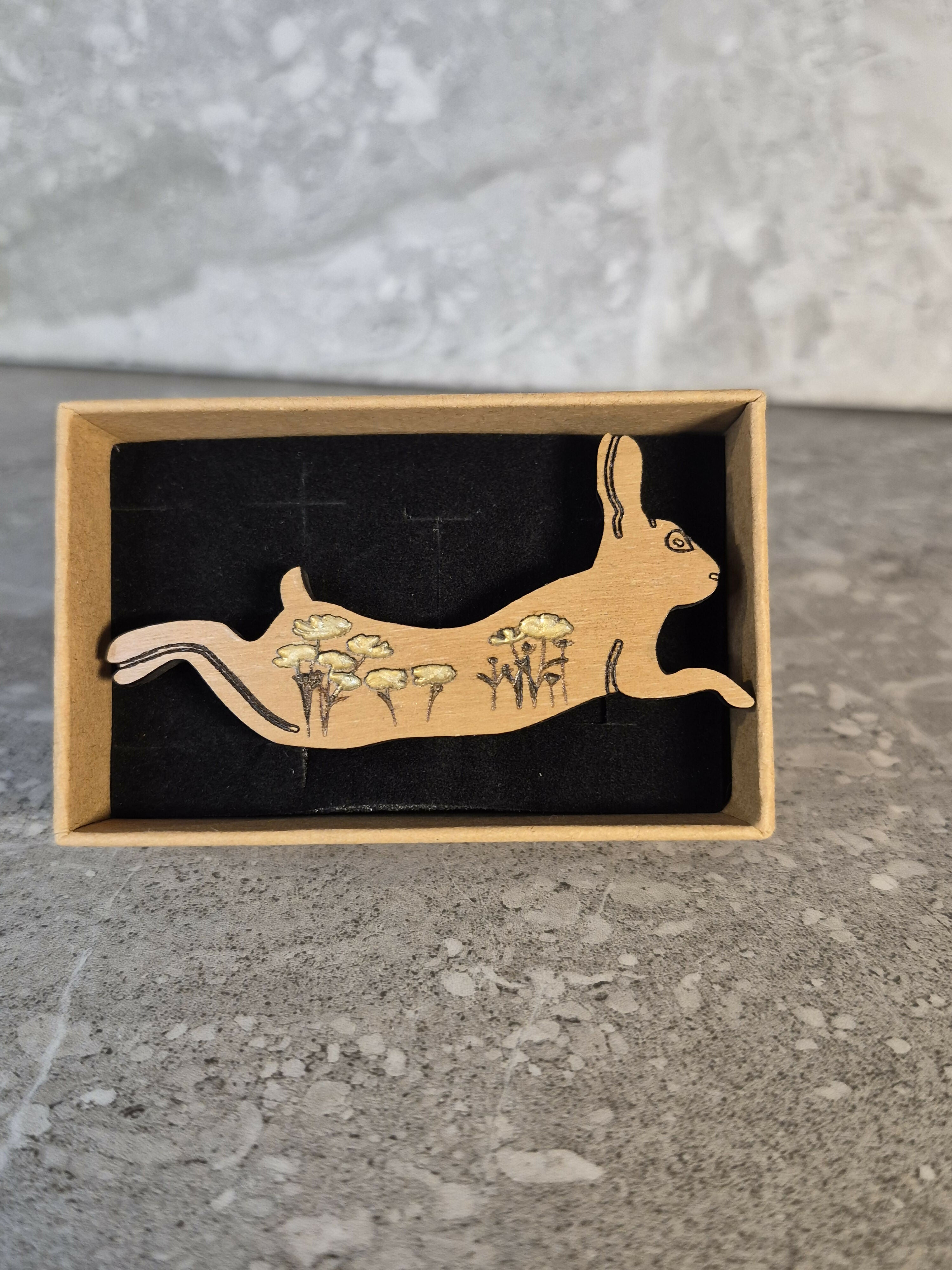Handcrafted Cherry Veneered Leaping Hare Pin