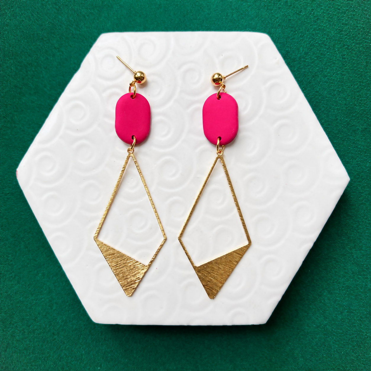Vickie Hot Pink Polymer Clay & Gold Geometric Drop Statement Earrings