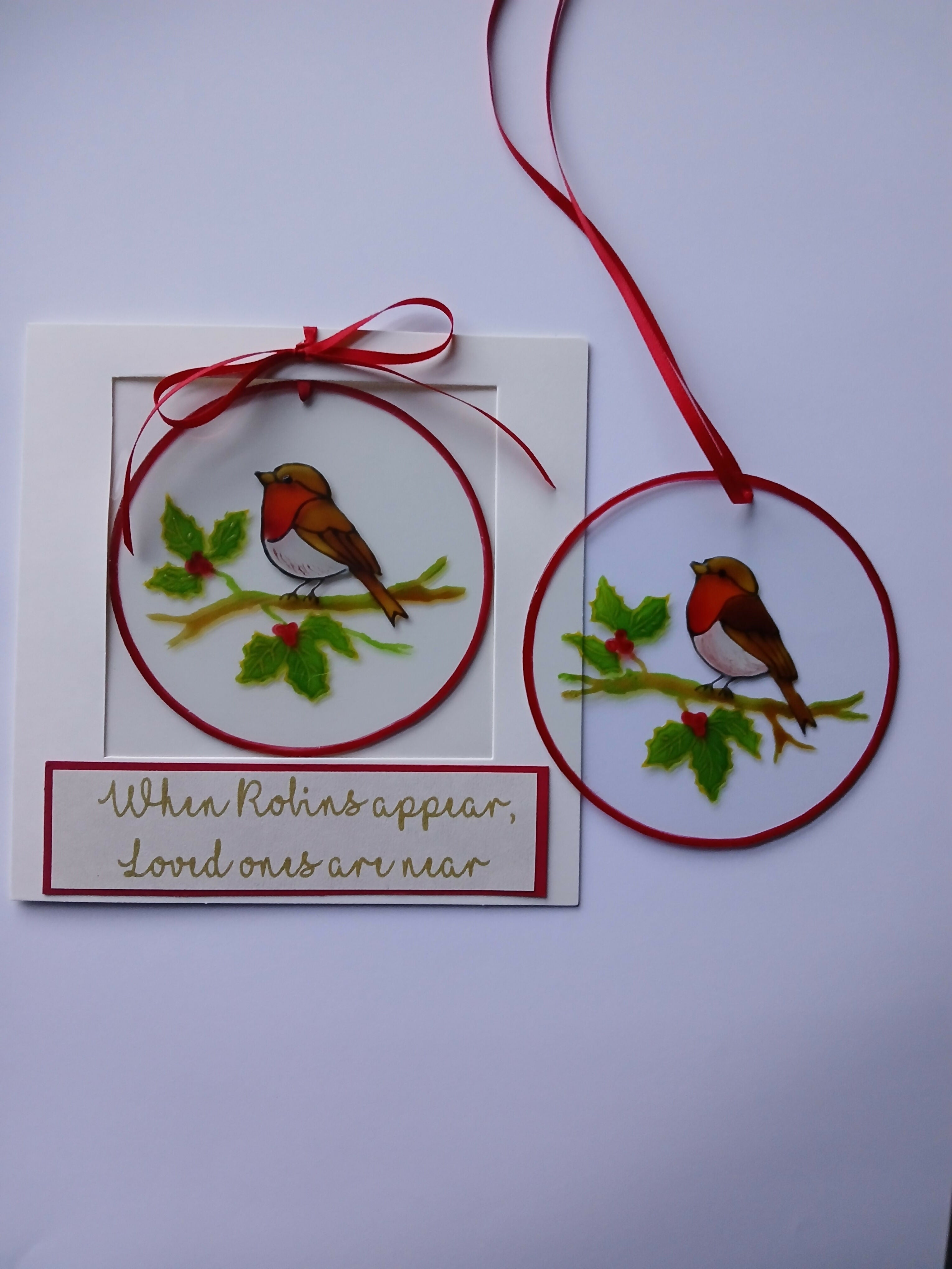 Hand painted glass circle with a robin.