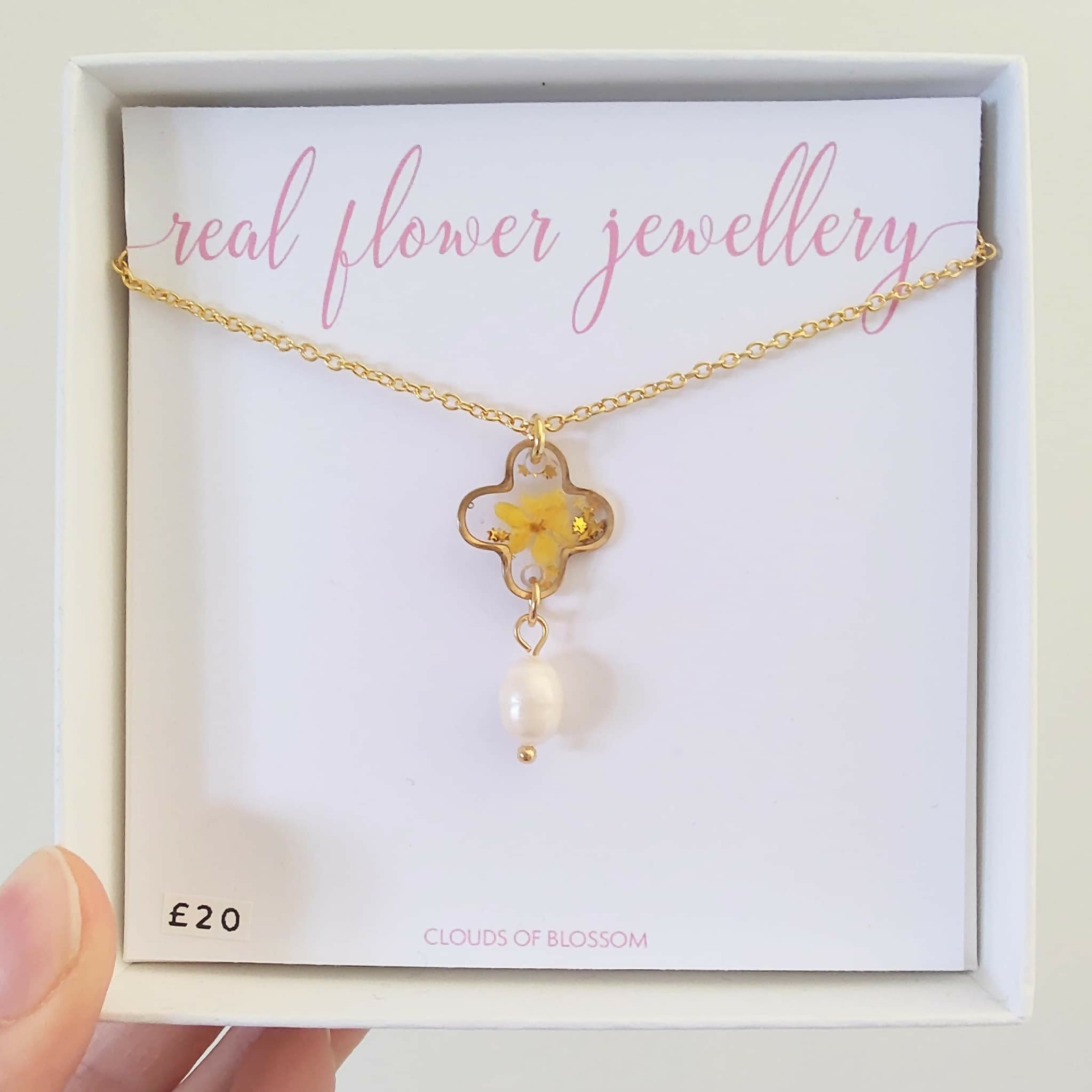 Real Flower Yellow Clover Freshwater Pearl Necklace Gold Plated