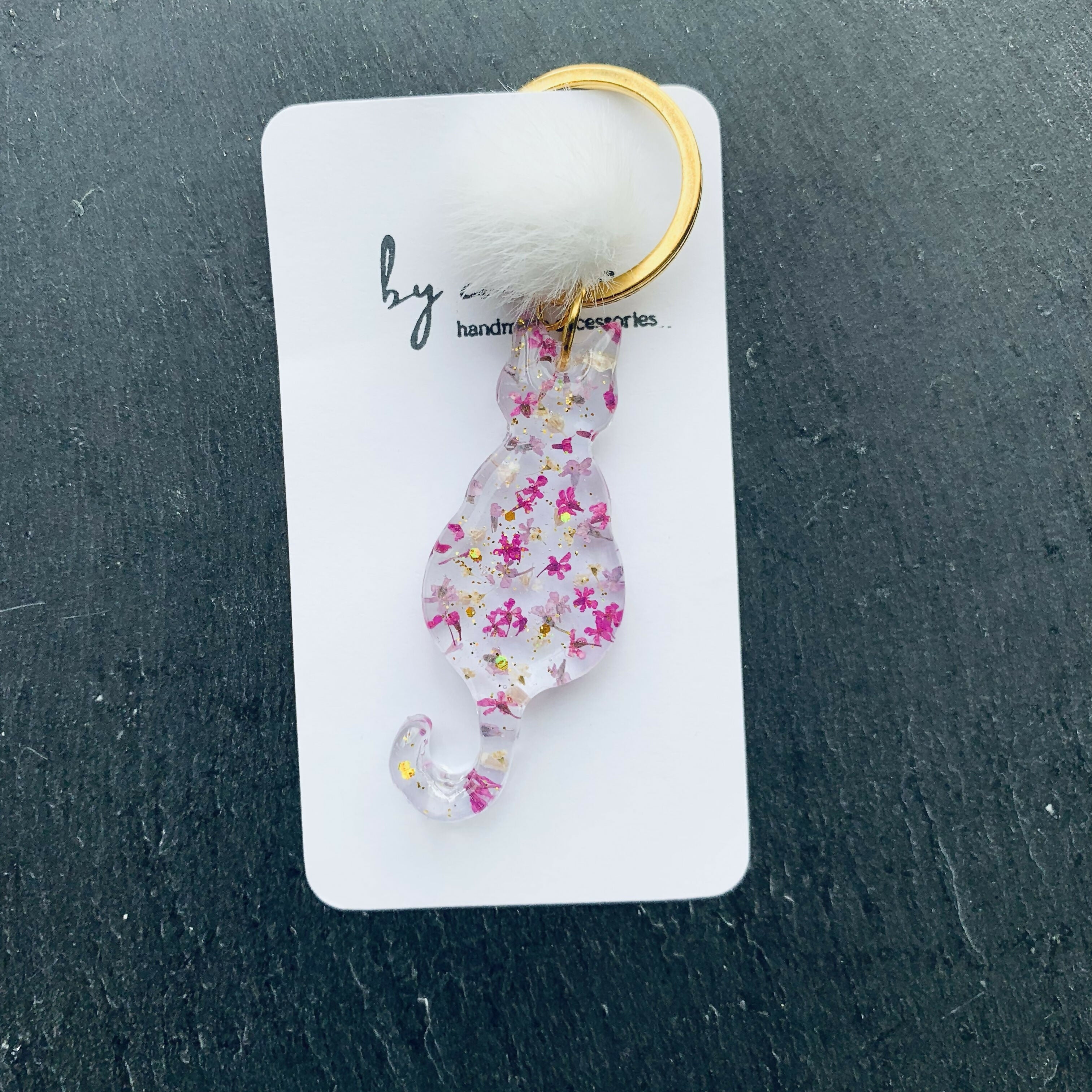 Handcrafted Real Pressed Floral Resin Cat Keyring with Fluffy Pom-Pom Accent