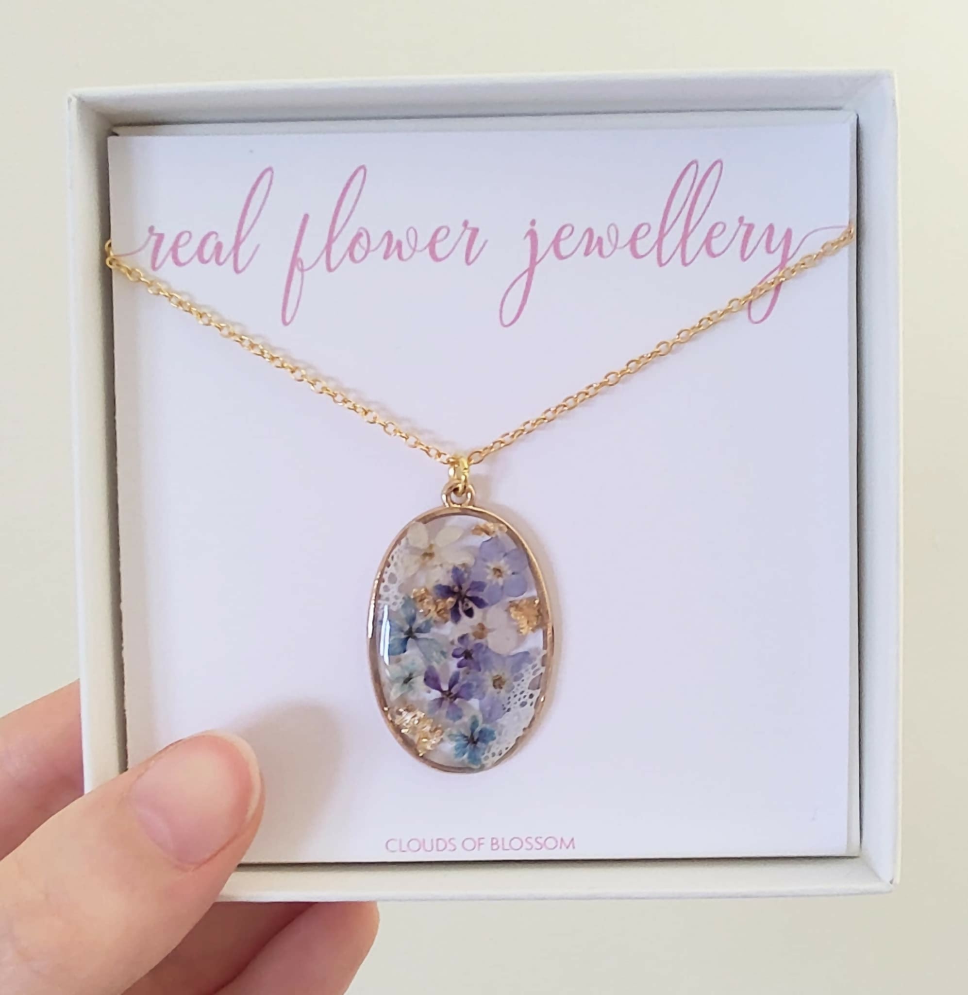 Real Flower Oval Sea Foam Blue Necklace Gold Plated