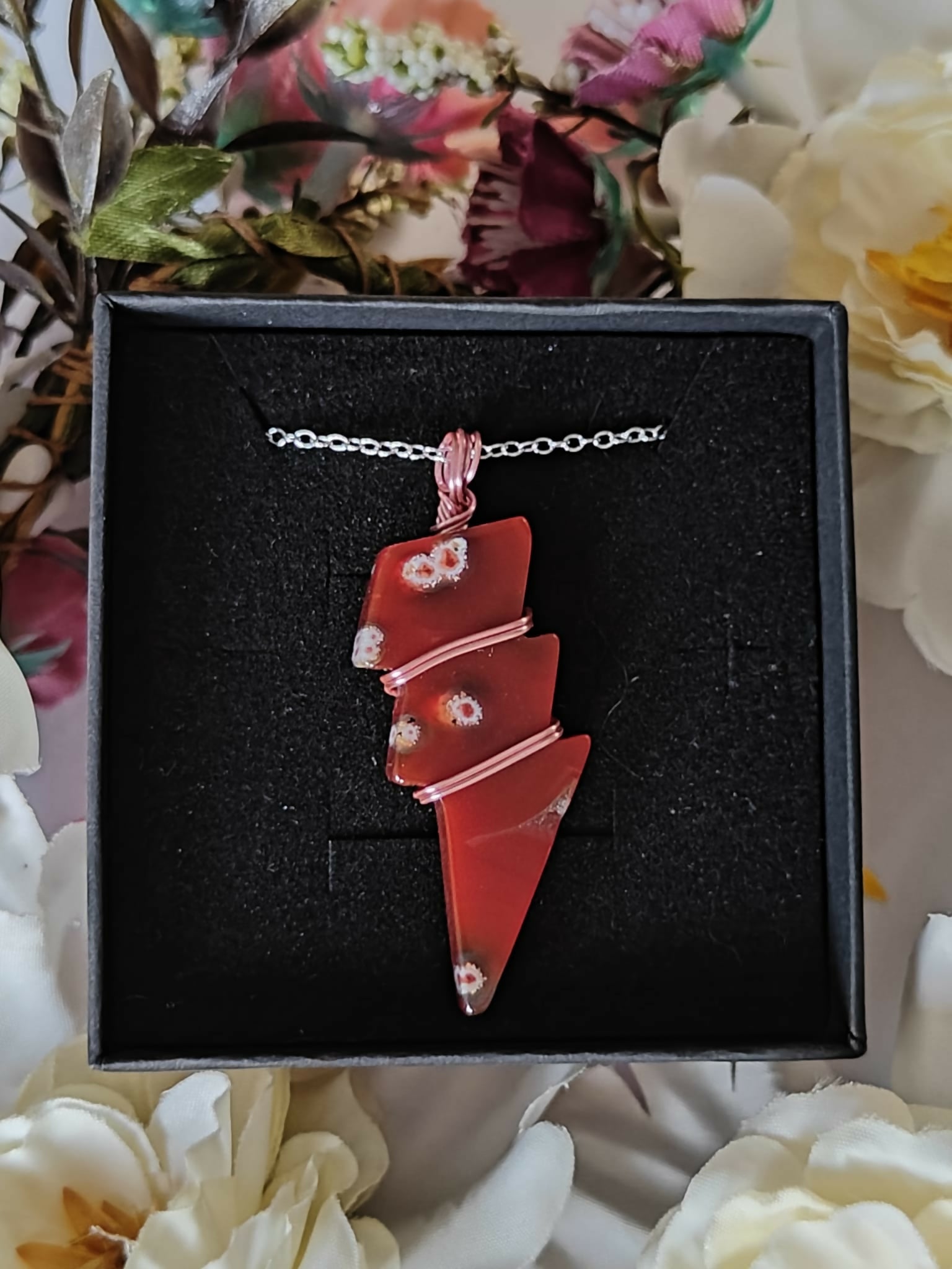 Carnelian Wire Wrapped Crystal Lightning Bolt Necklace on Sterling Silver Chain