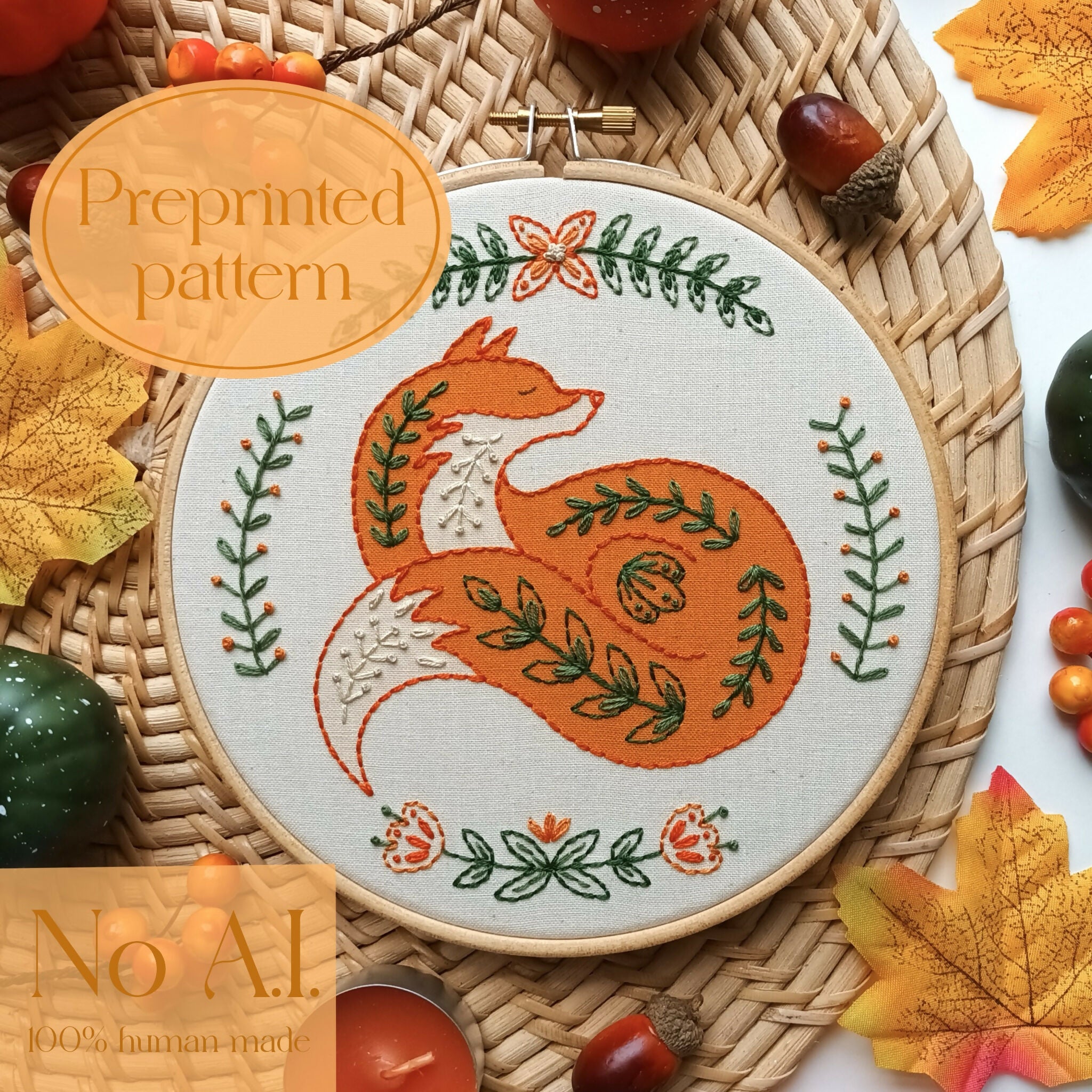 Preprinted embroidery pattern for beginners - Folk fox