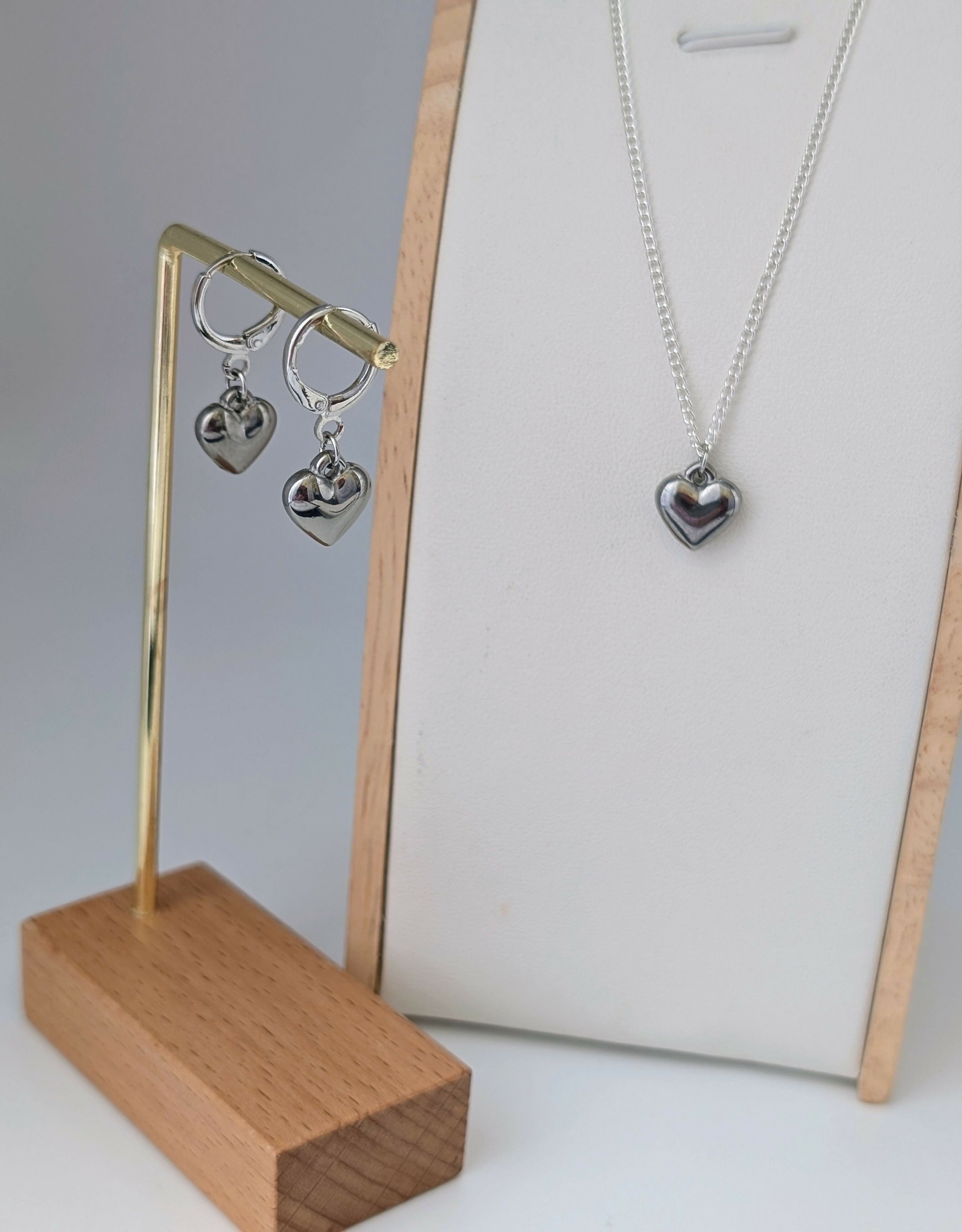 Chunky Silver 3D Heart Charm Huggie Earrings