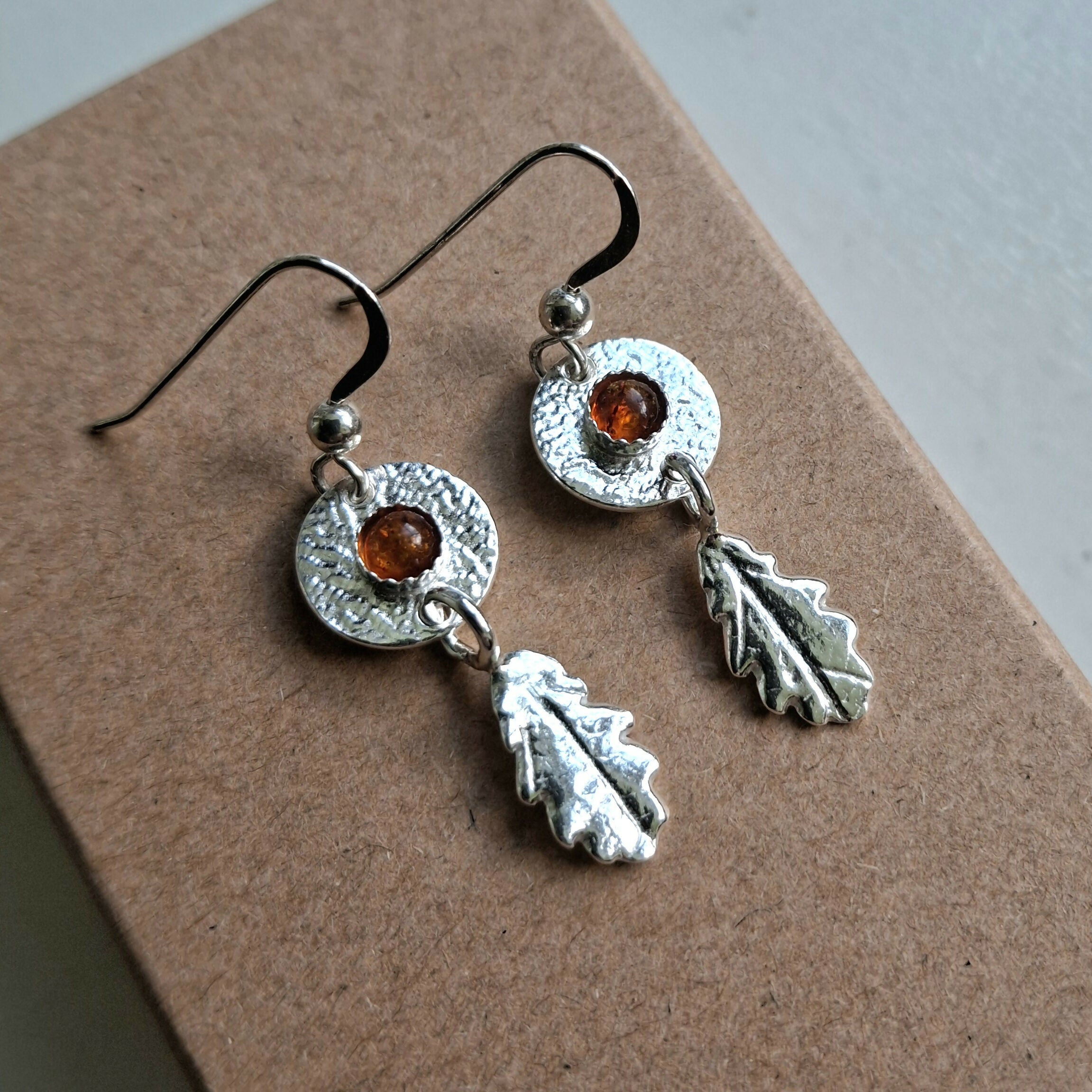 Handmade Silver Oak Leaf Earrings With Amber Stones
