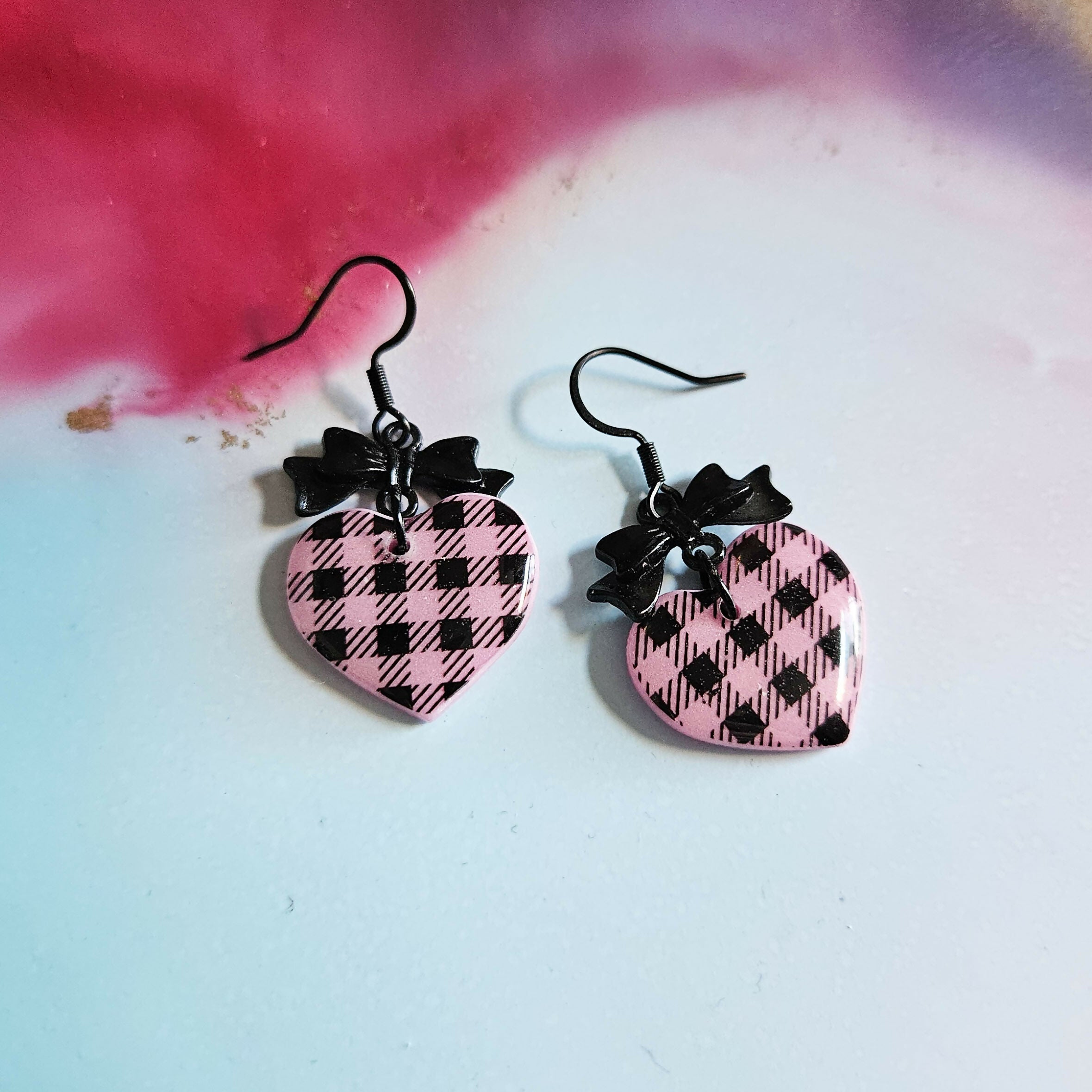Handmade Resin Pink Check Hearts And Black Bow Drop Earrings