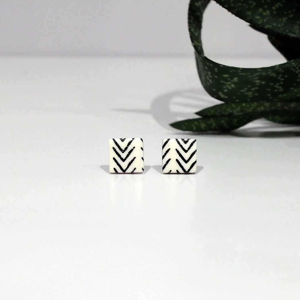 White and Black Geometric Studs - Handmade Polymer Clay - Polly Plant