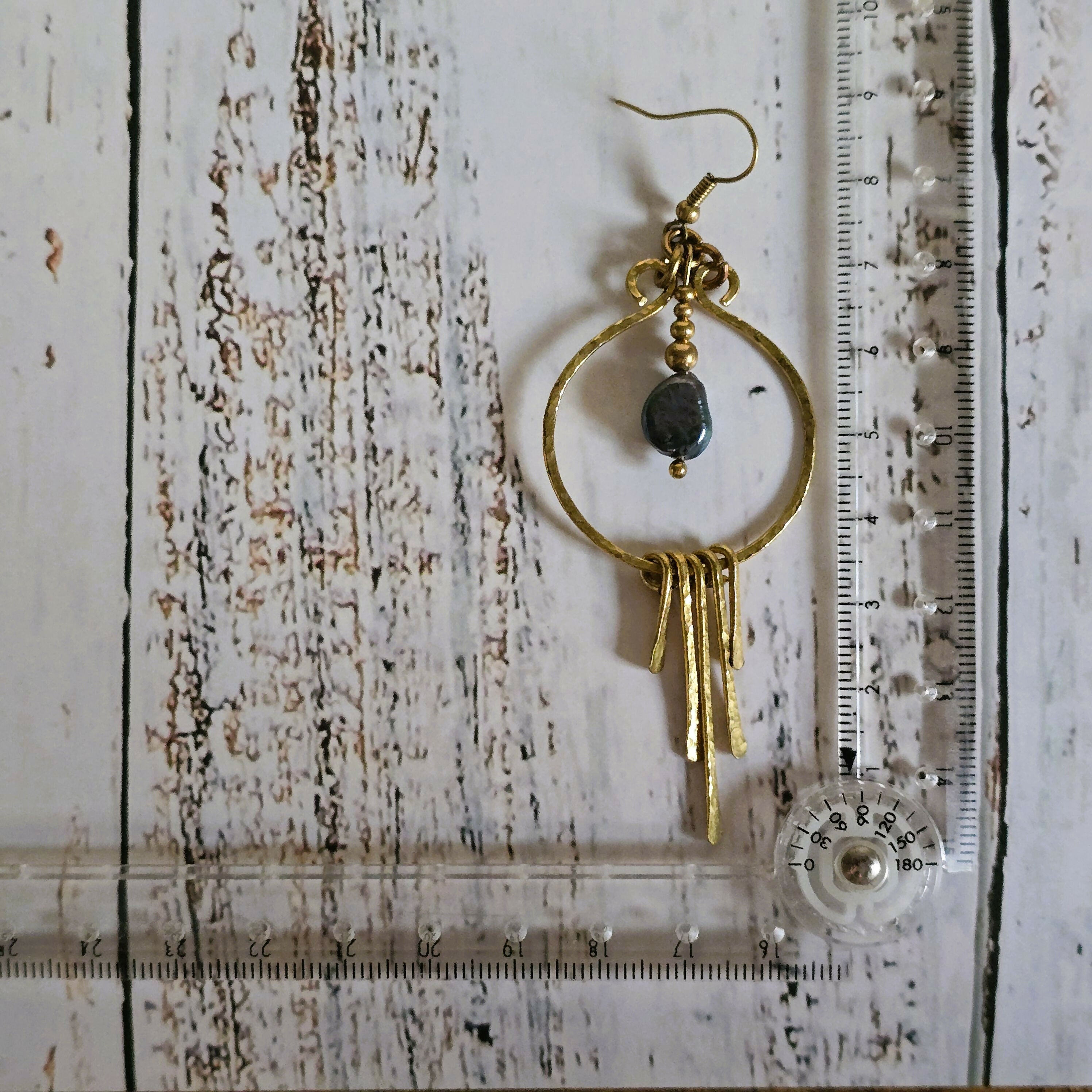 Black Pearl Gold Wire Earrings; Freshwater Baroque Natural Pearl Hammered Brass wire Hoop Dangly Earrings