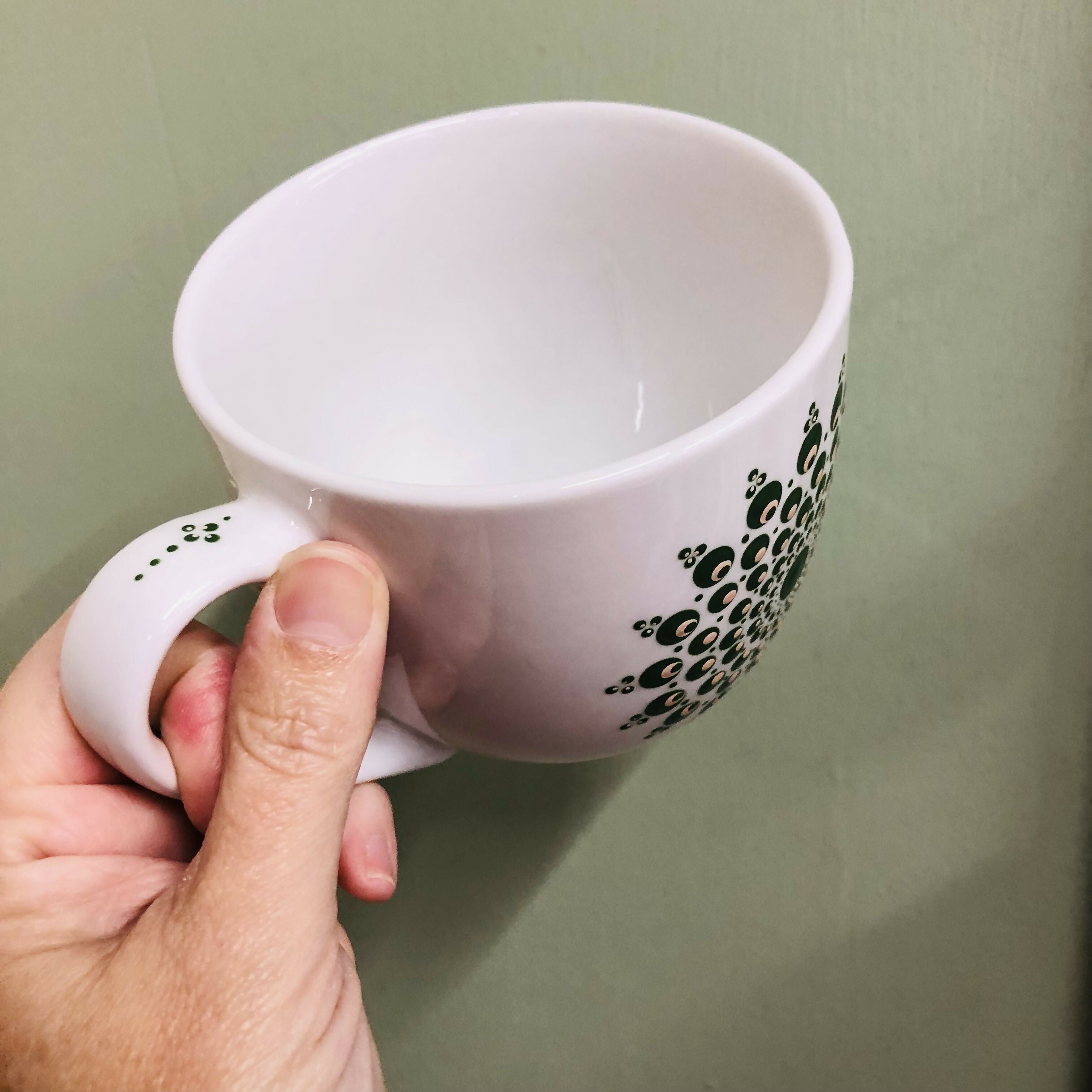 Hand Painted Dot Mandala Large Mug: Forest Green and Baby Pink