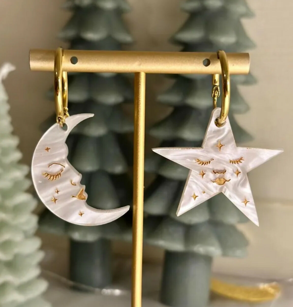Large Pearlised Moon and Starry Sky Dangly Earrings