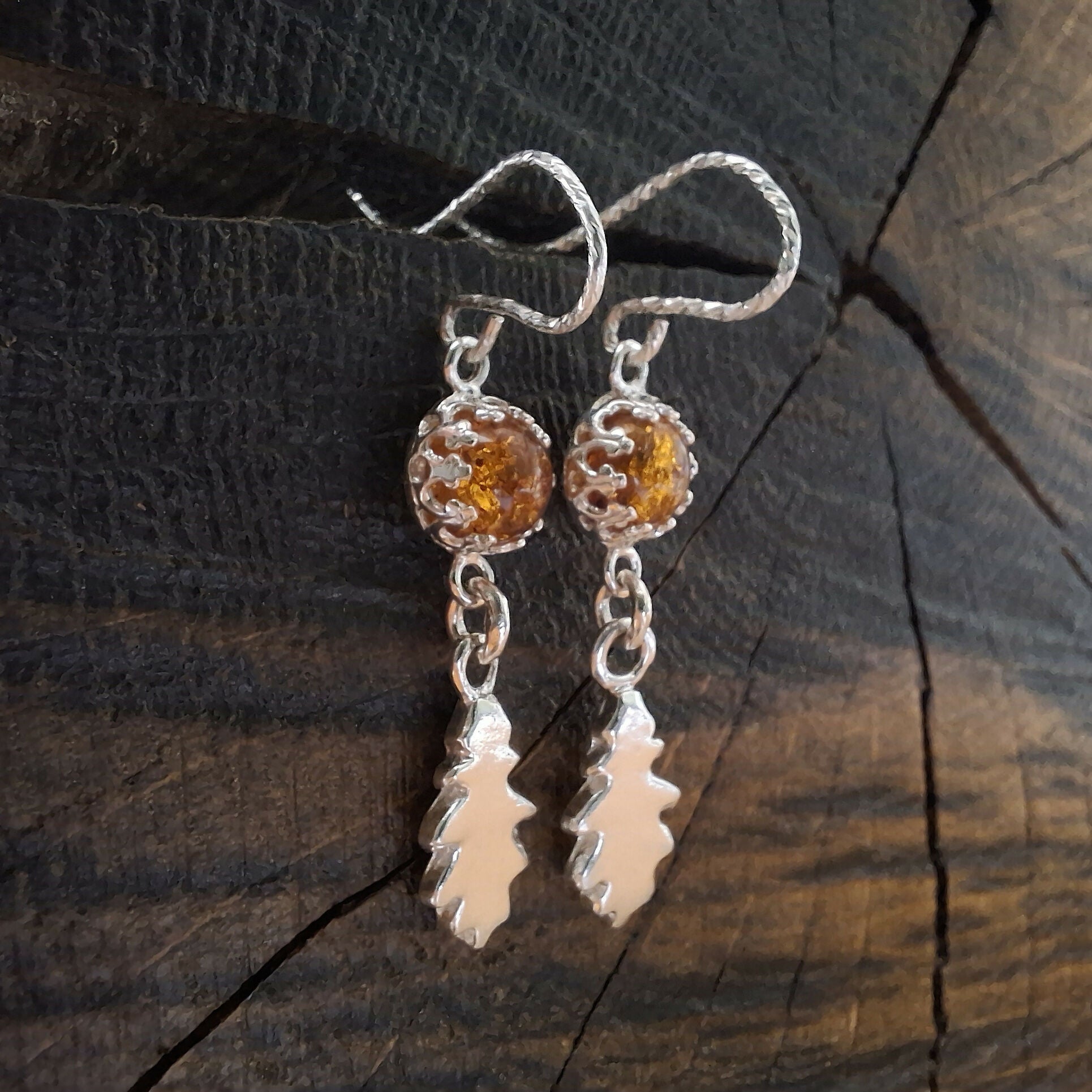 Handmade Silver Oak Leaf Earrings With Amber
