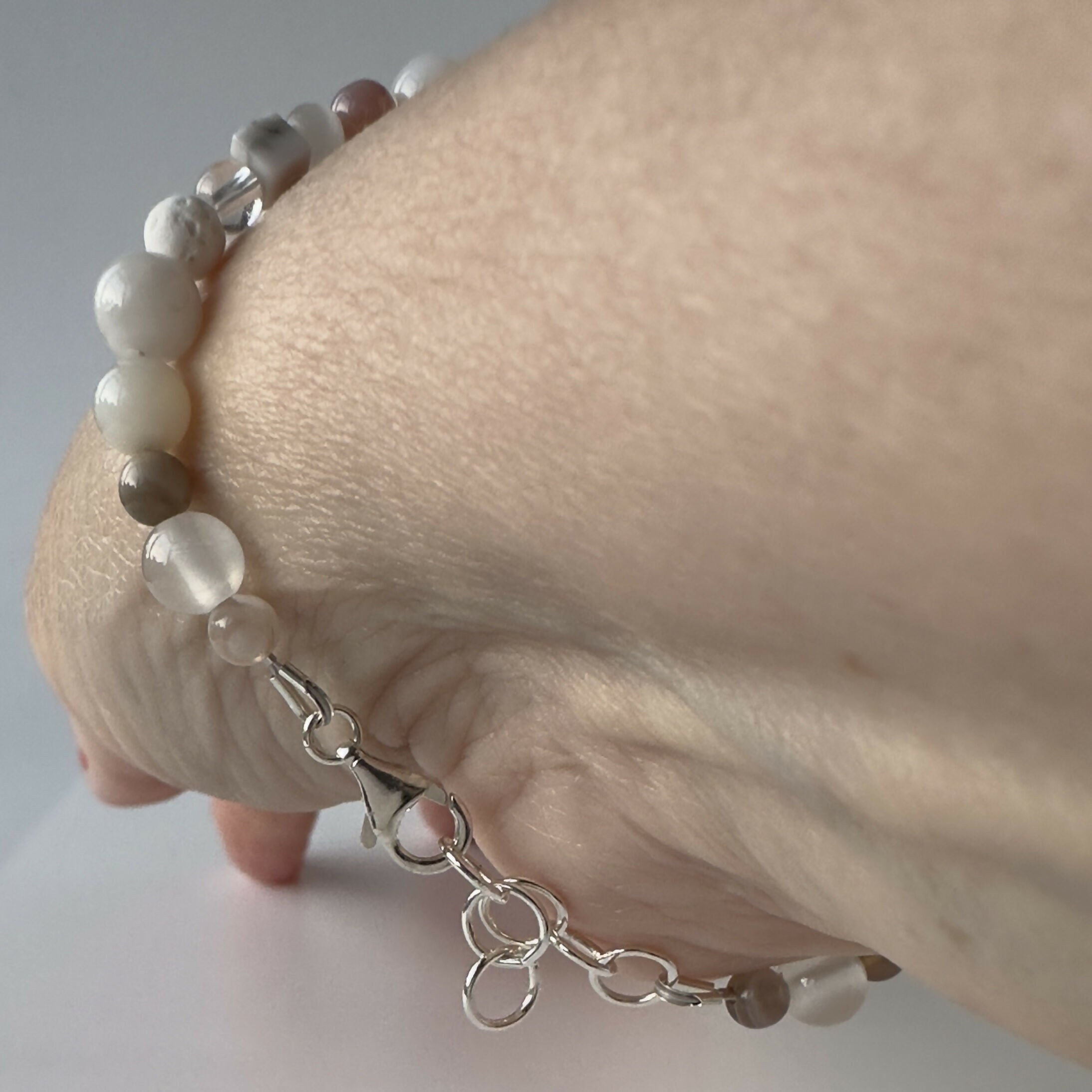 HEALING CRYSTAL & STERLING SILVER CROWN CHAKRA BRACELET WITH AROMATHERAPY BEADS