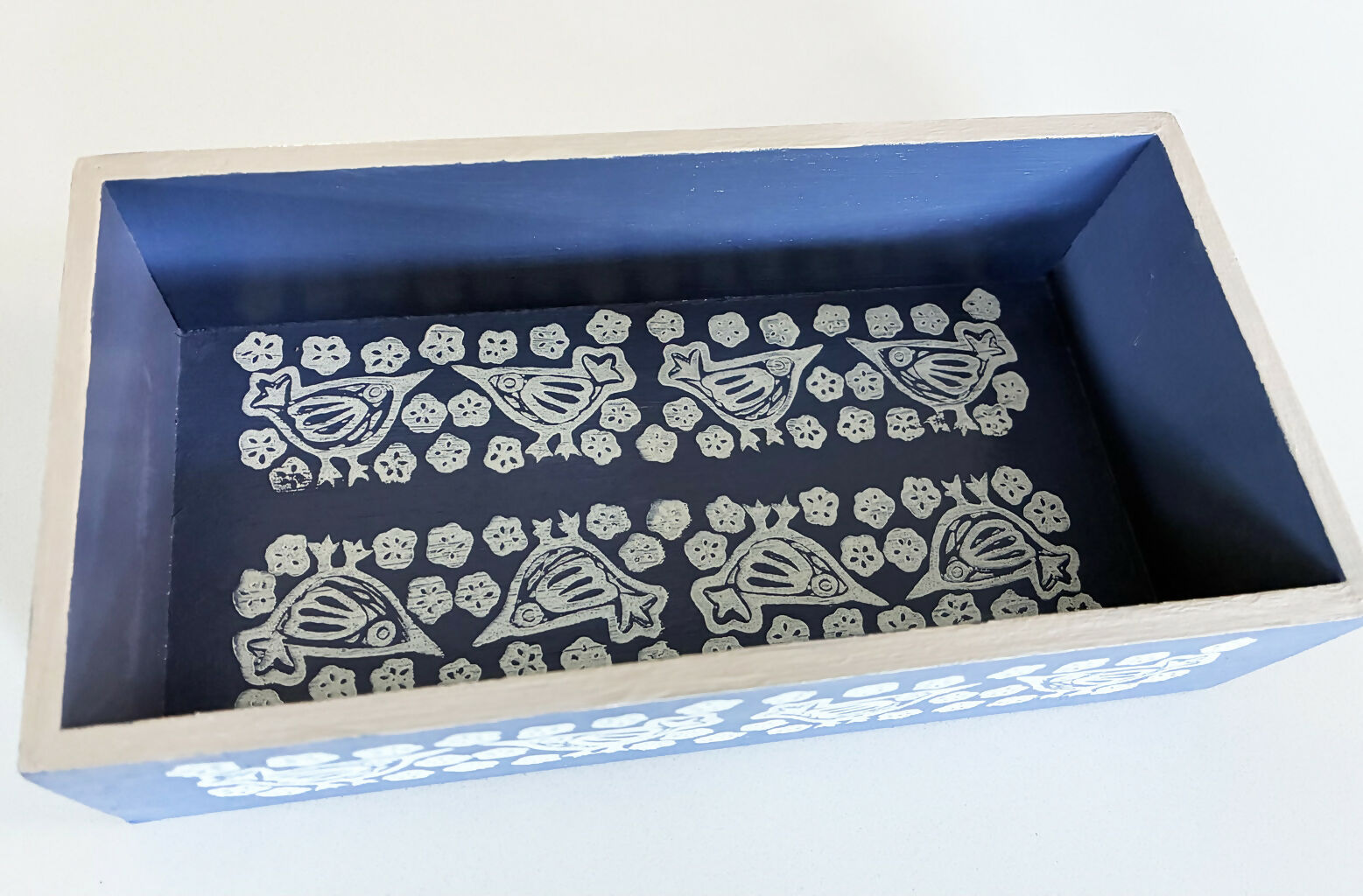 Hand-printed Small Blue Wooden Tray With Floral and Bird Design.
