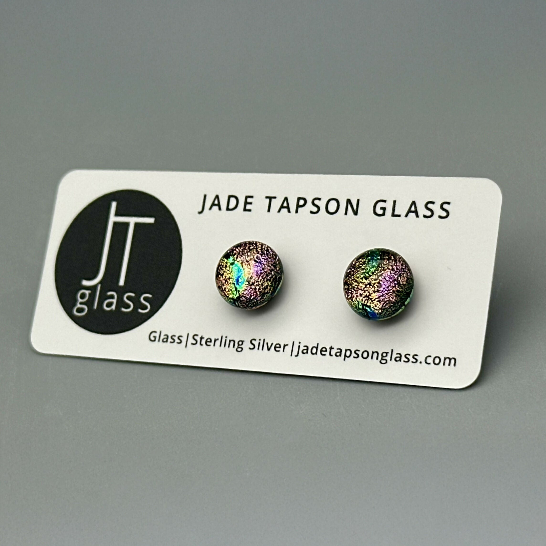 Rainbow Dichroic Fused Glass Sterling Silver Stud Earrings - Handmade by Jade Tapson Glass.