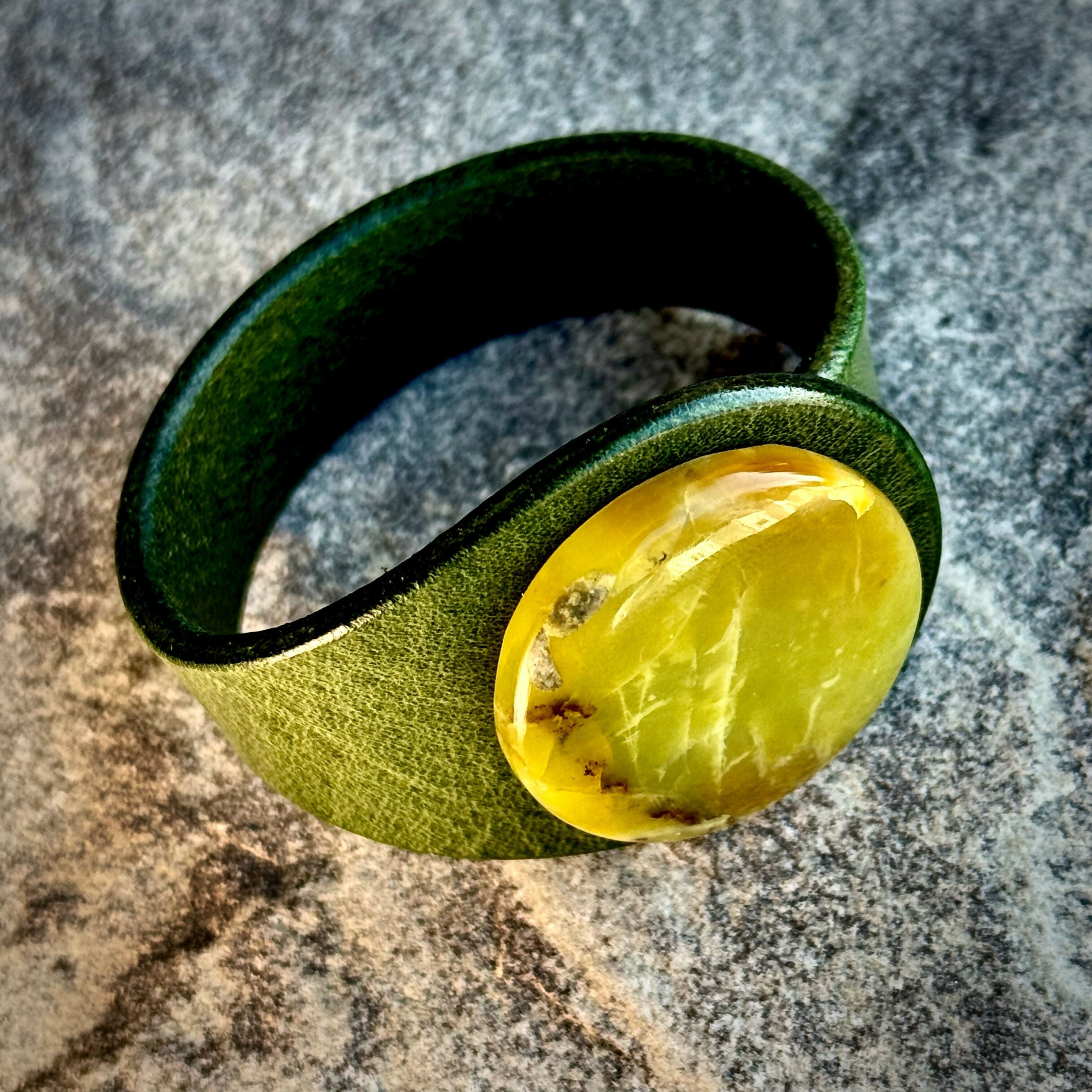 Handcrafted Natural Leather & Green Opal Gemstone Bracelet - Size S or M