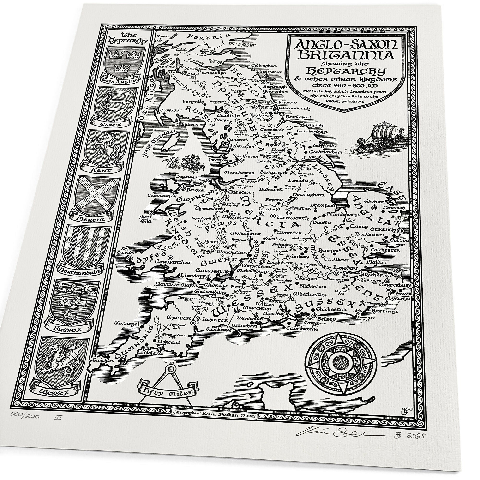Anglo Saxon Britain Map Hand Drawn Fine Art Print