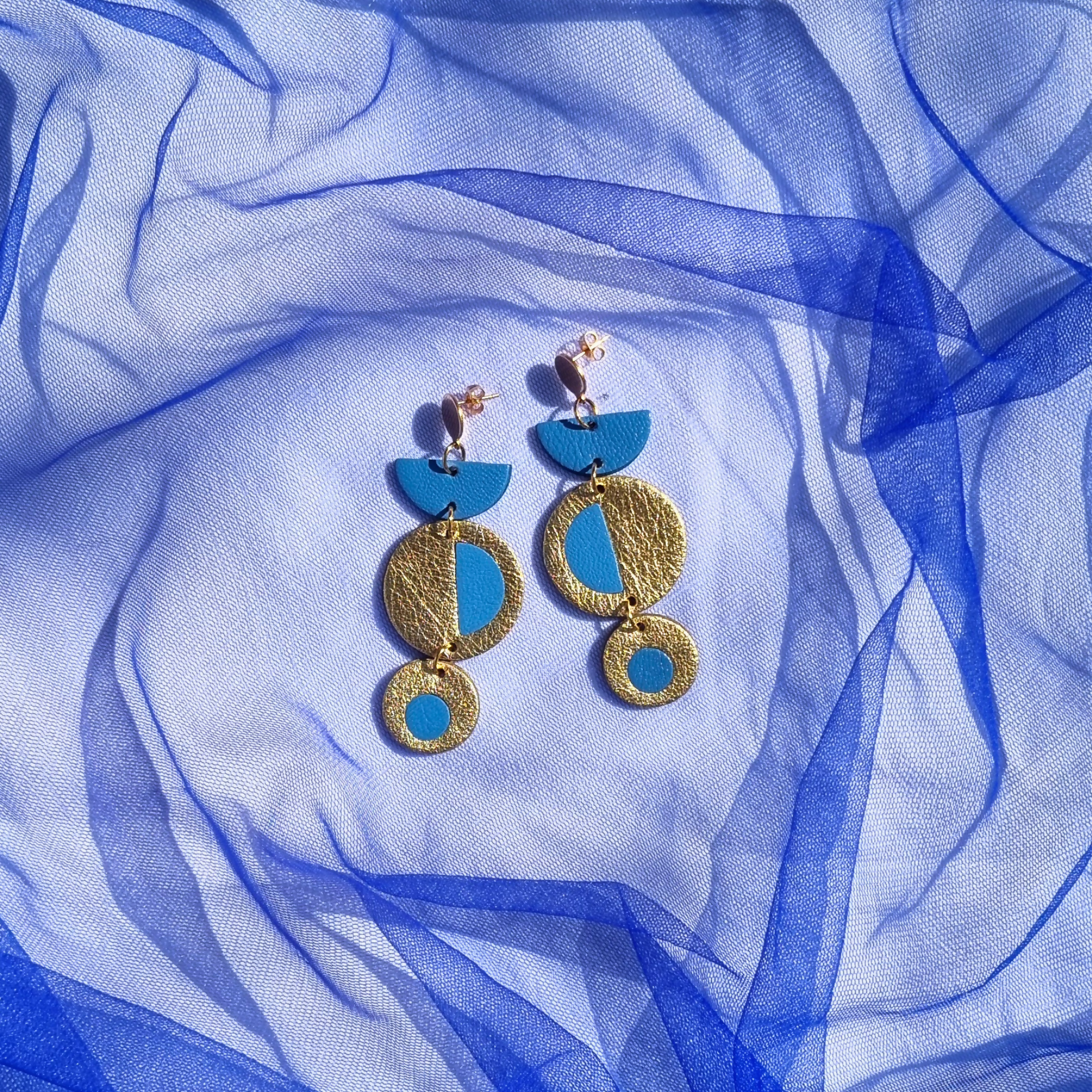 Three Tiered Gold and Blue Inlay Earrings