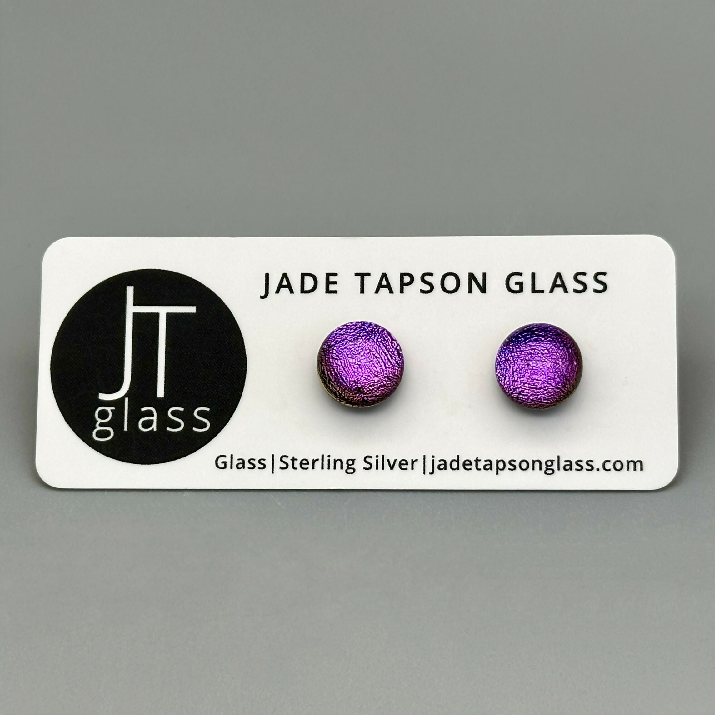 Magenta Dichroic Fused Glass Sterling Silver Stud Earrings - Handmade by Jade Tapson Glass.