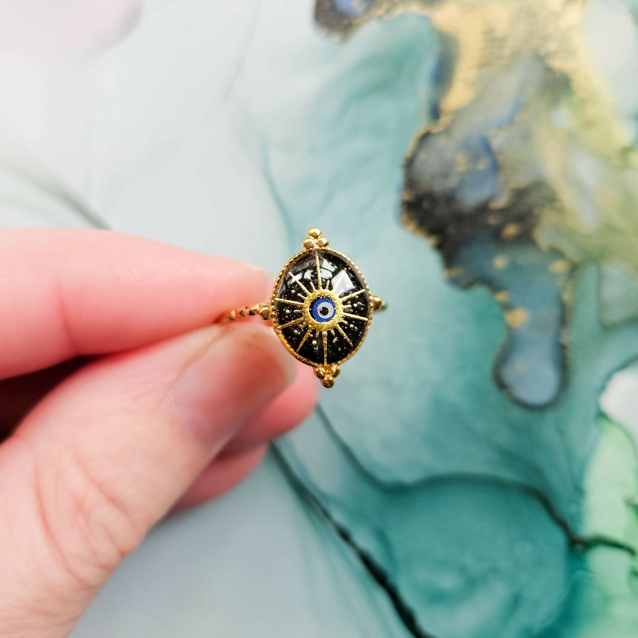 Handmade Black And Gold Evil Eye Sun Ring Resin And Stainless Steel