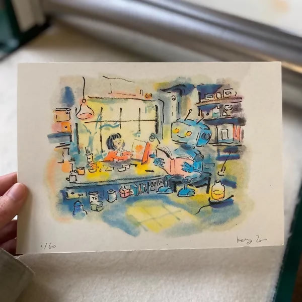 The Girl and the Robot Reading Together Riso Print