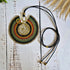 Large Green Macramé Necklace; Full Moon Boho Statement Pendant with Gold Spiral
