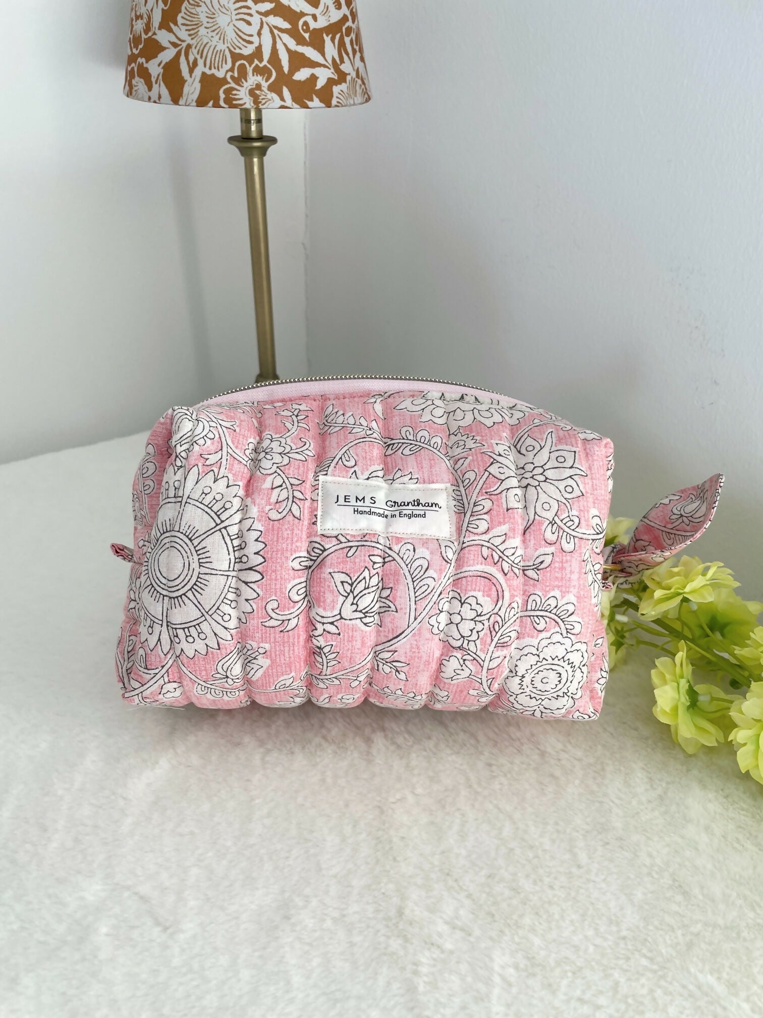 Pink Quilted Toiletry Bag with Zipper with white flower print