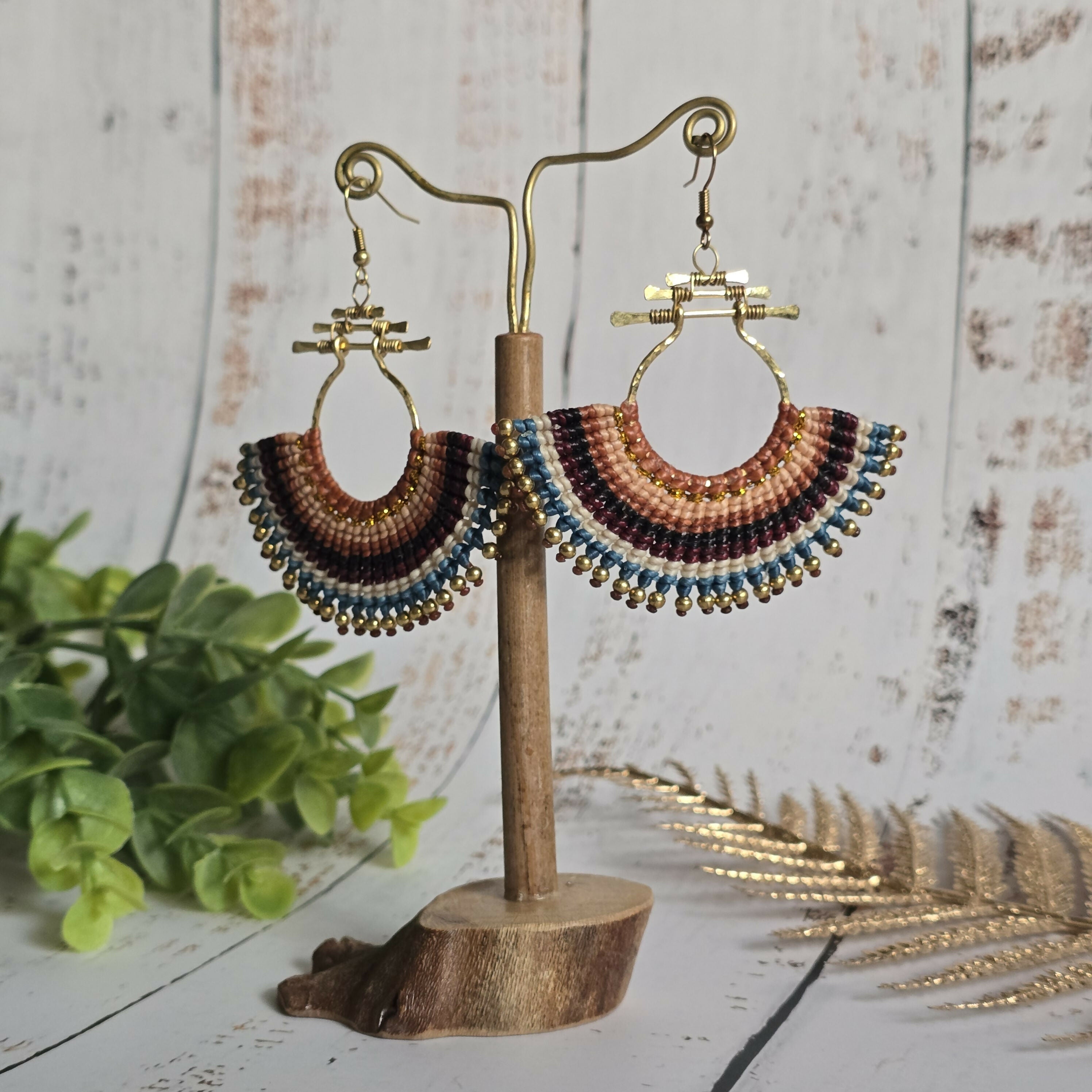 Asian Temple Earrings; Golden Brown Macrame Cord, Gold Hammered Brass Wire Spiral Statement Earrings