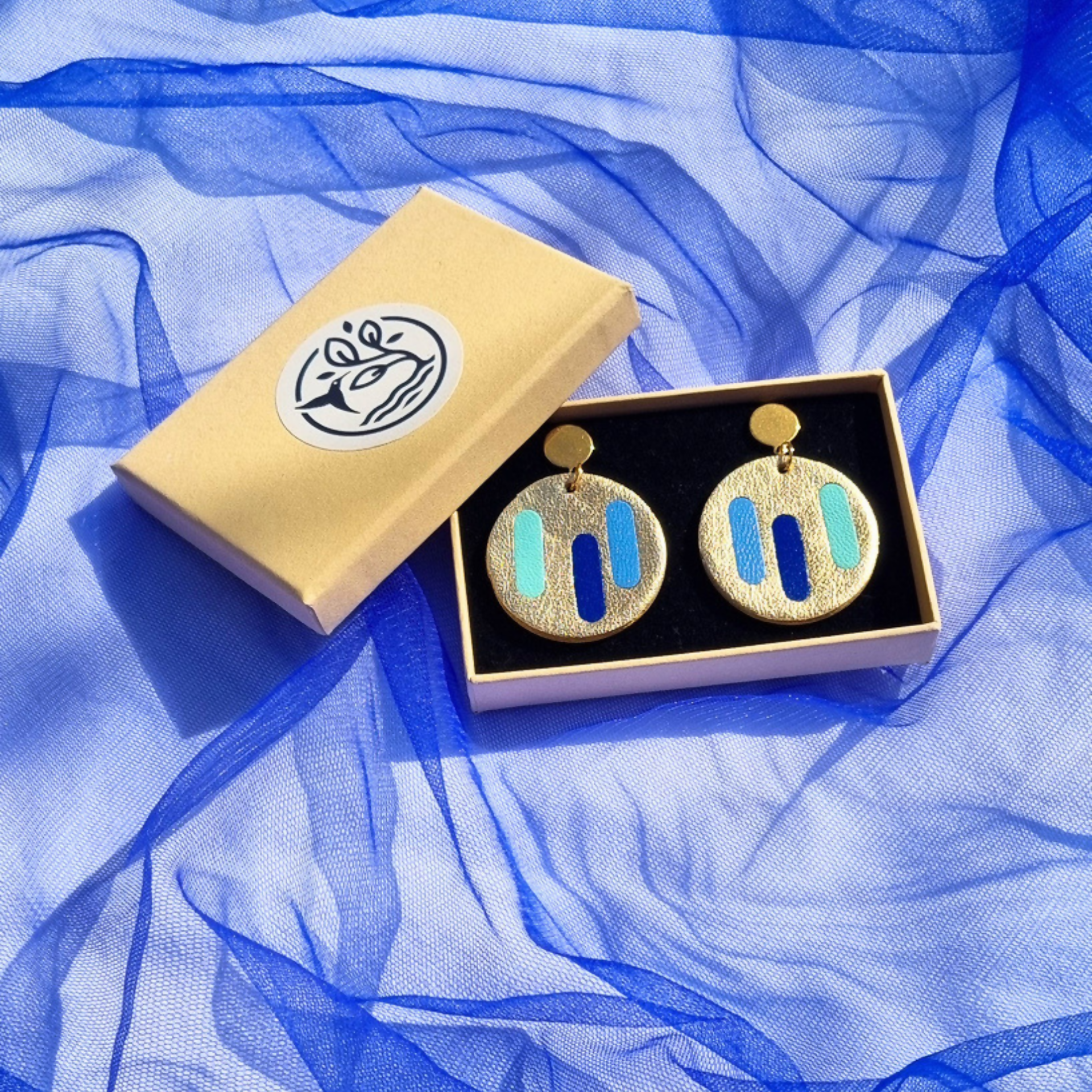 Abstract Gold Leather Disc Earrings Blue Lines