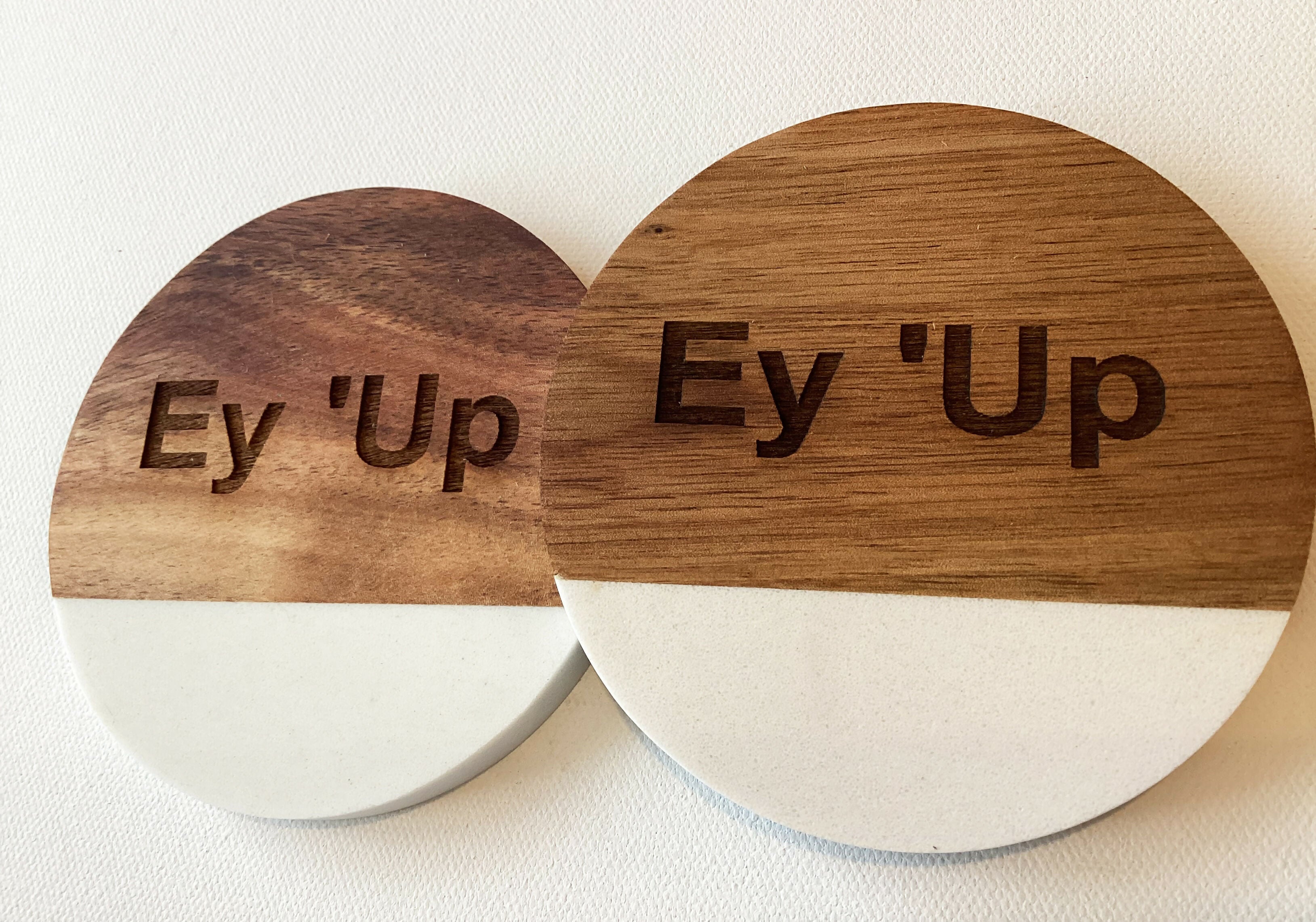 Marble & Acacia Coaster Engraved with Yorkshire Saying - Ey 'Up