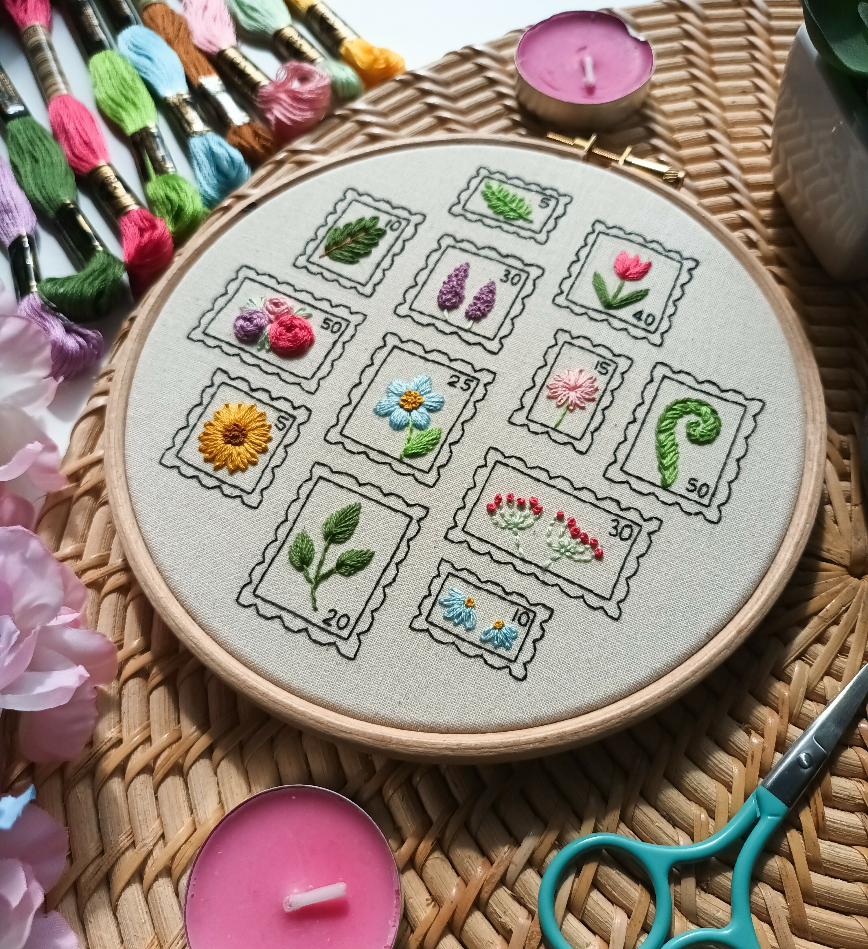 Preprinted Embroidery Pattern For Beginners - Botanical Stamps