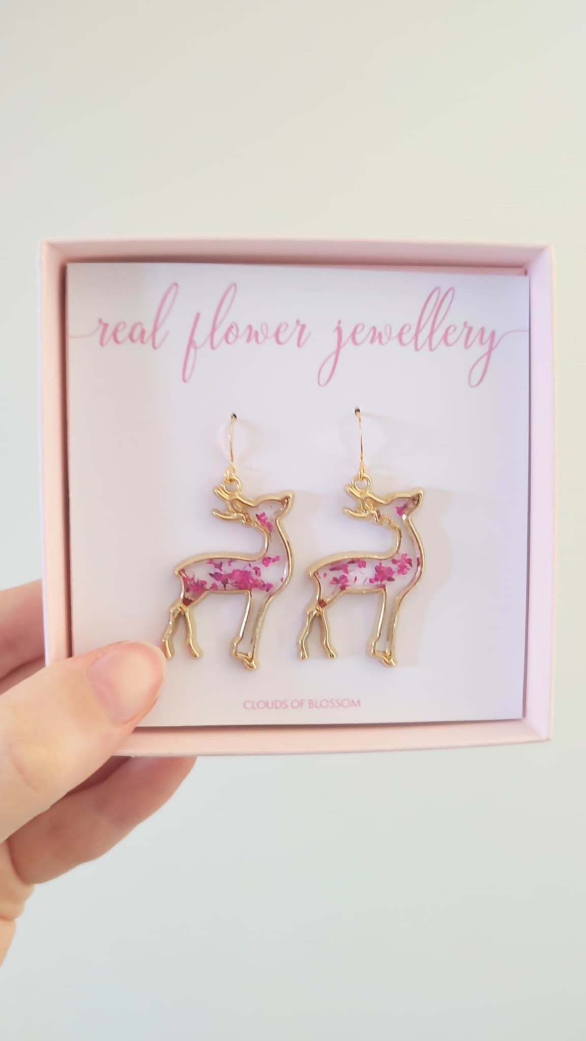 Reindeer Pink Real Flower Christmas Earrings Gold Plated
