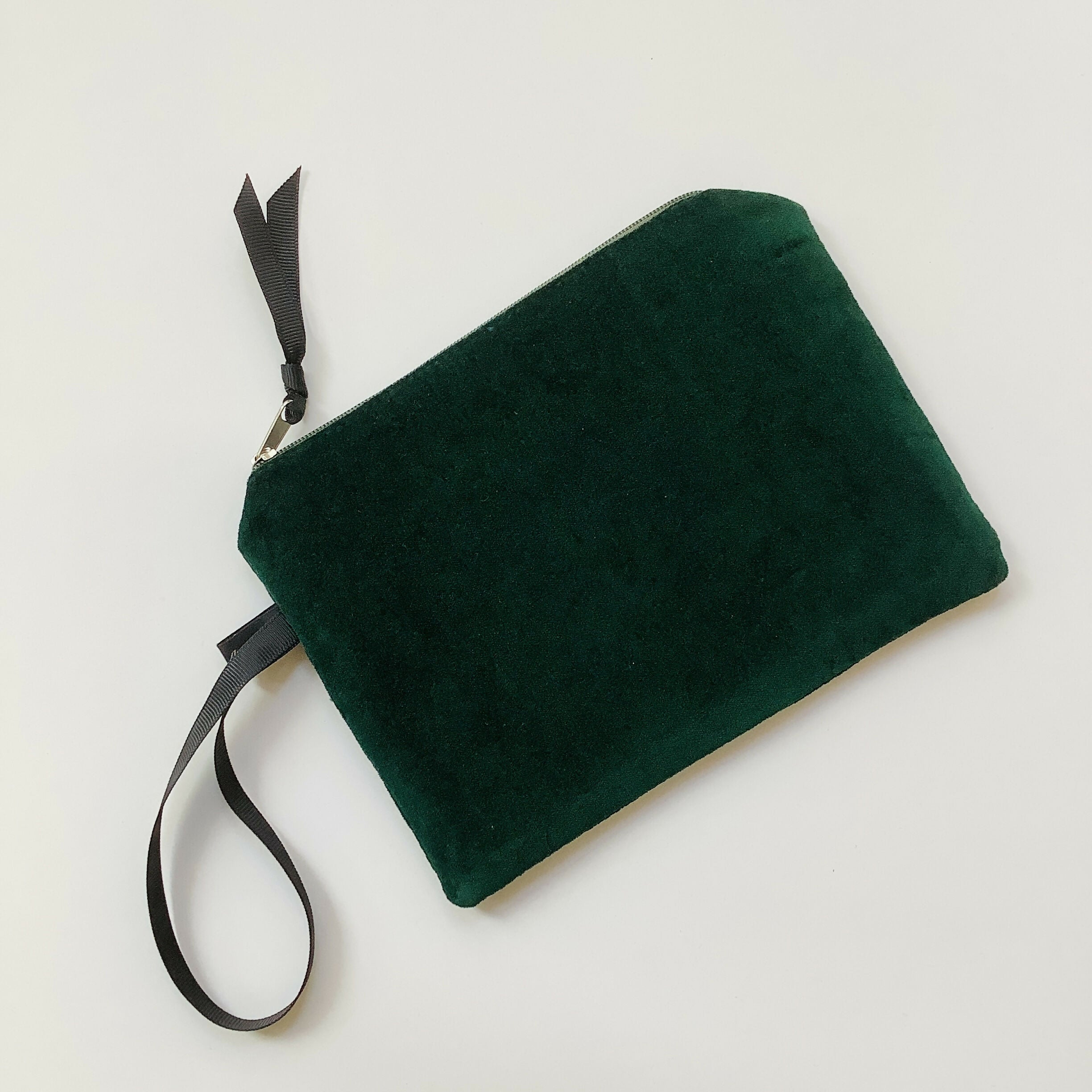 Green Hummingbirds Velvet Zip-Up Pouch with Wrist Strap