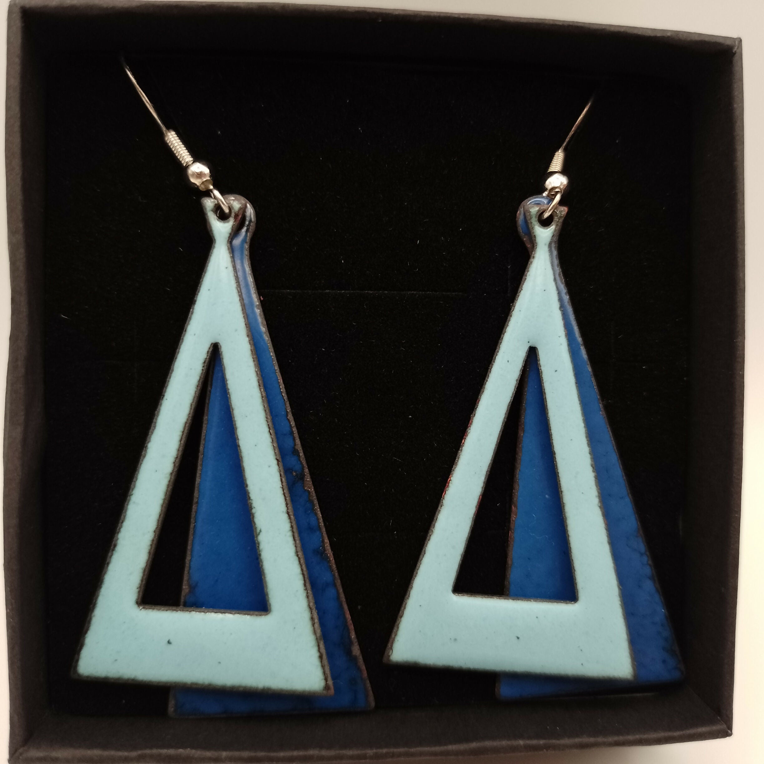 Double Dark and Light Blue Triangle Enamel Earrings