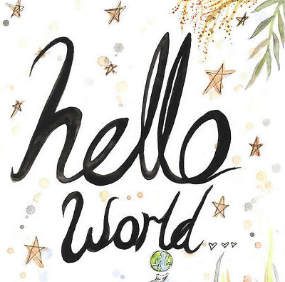 'Hello World' Baby Elephant Watercolour Painting Print A4 Mounted