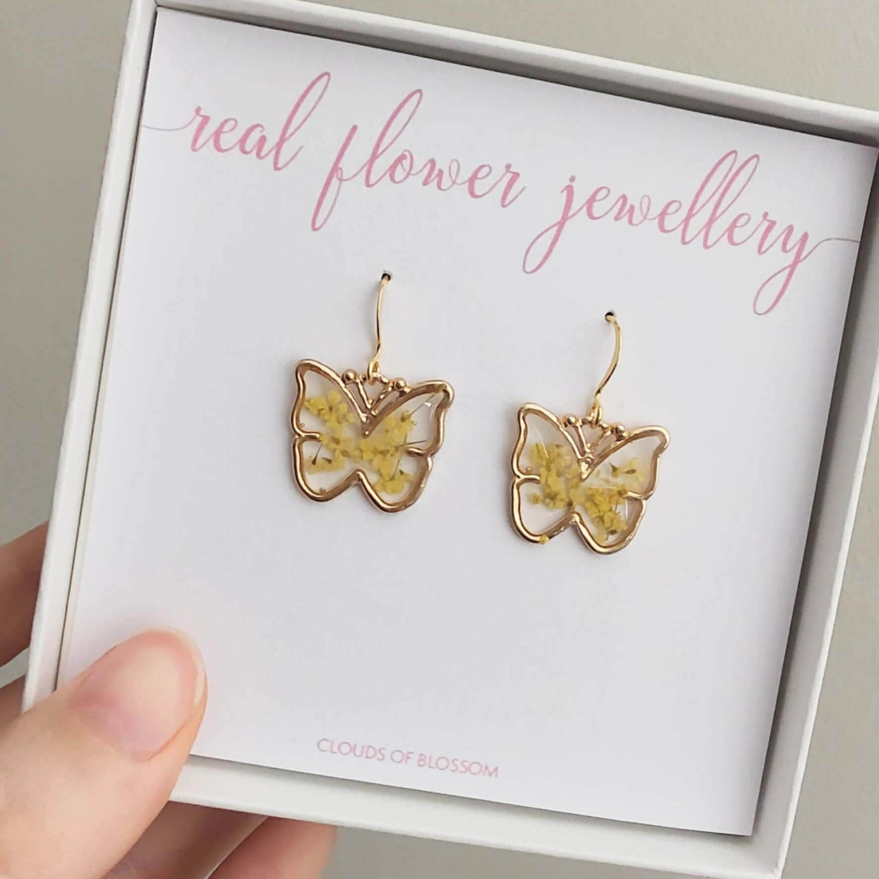 Yellow Real Flower Butterfly Earrings Gold Plated