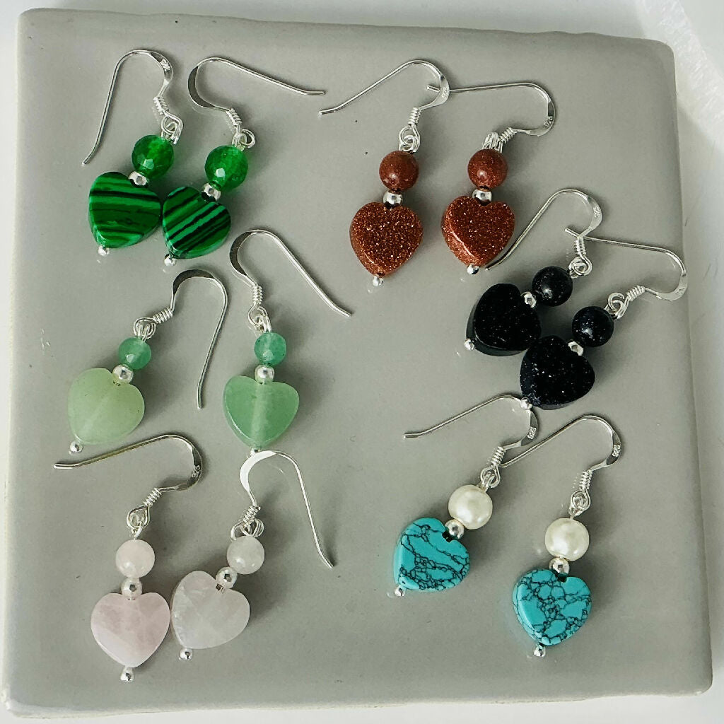 Sterling Silver And Gemstone Heart Drop Earrings