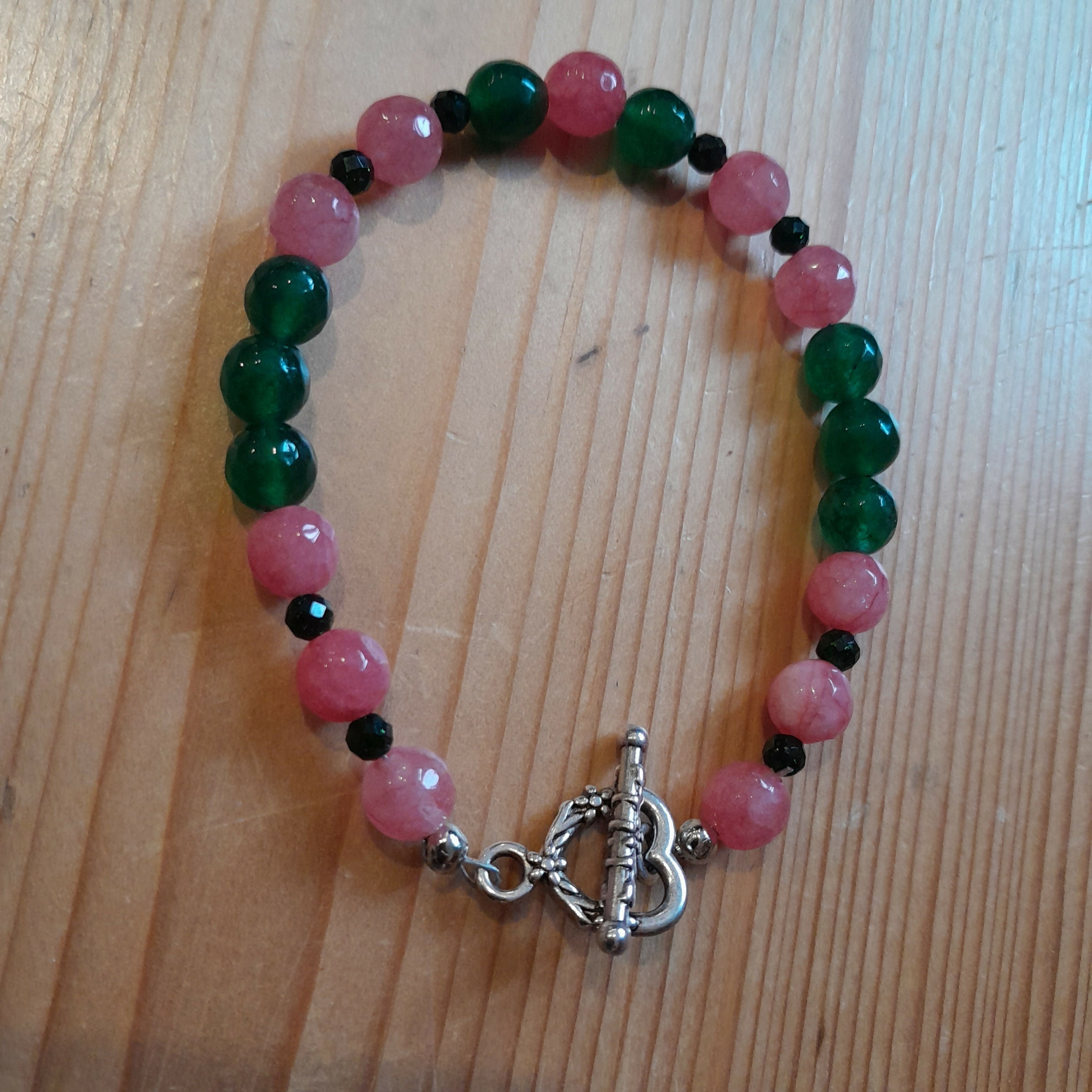 Tibetan Silver Toggle Bracelet with Strawberry Quartz, Tiny Green Goldstone and Green Chalcedony.