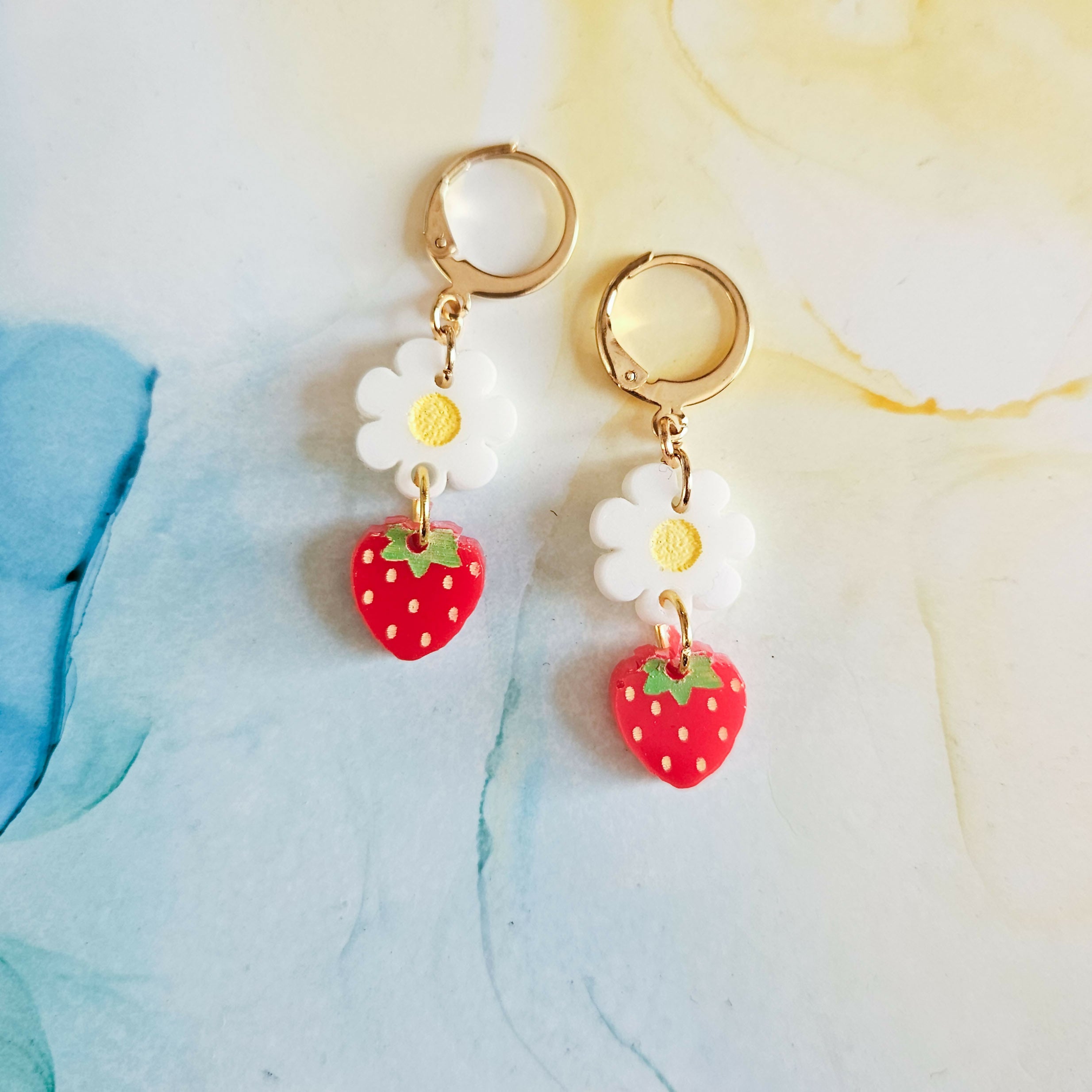 Handmade Resin Strawberries And Flowers On Huggie Hoops