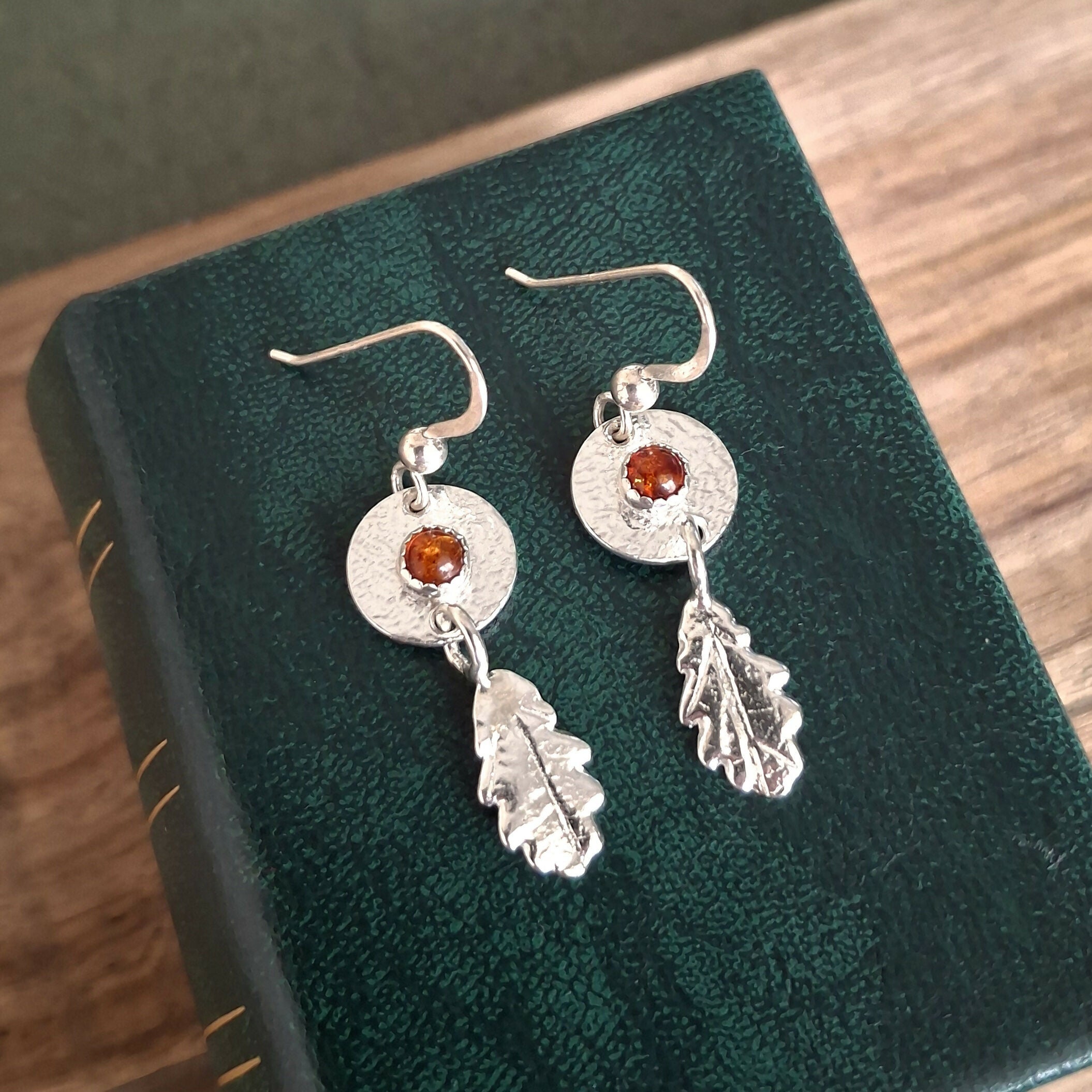 Handmade Silver Oak Leaf Earrings With Amber Stones