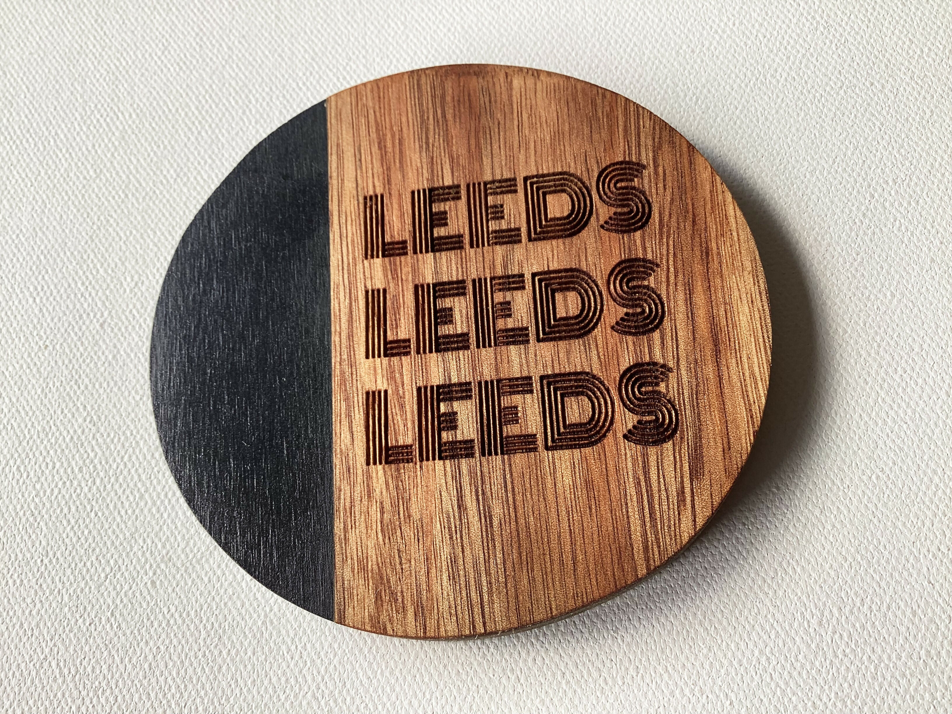 Leeds Football Inspired Engraved Black Marble and Acacia Wood Coaster