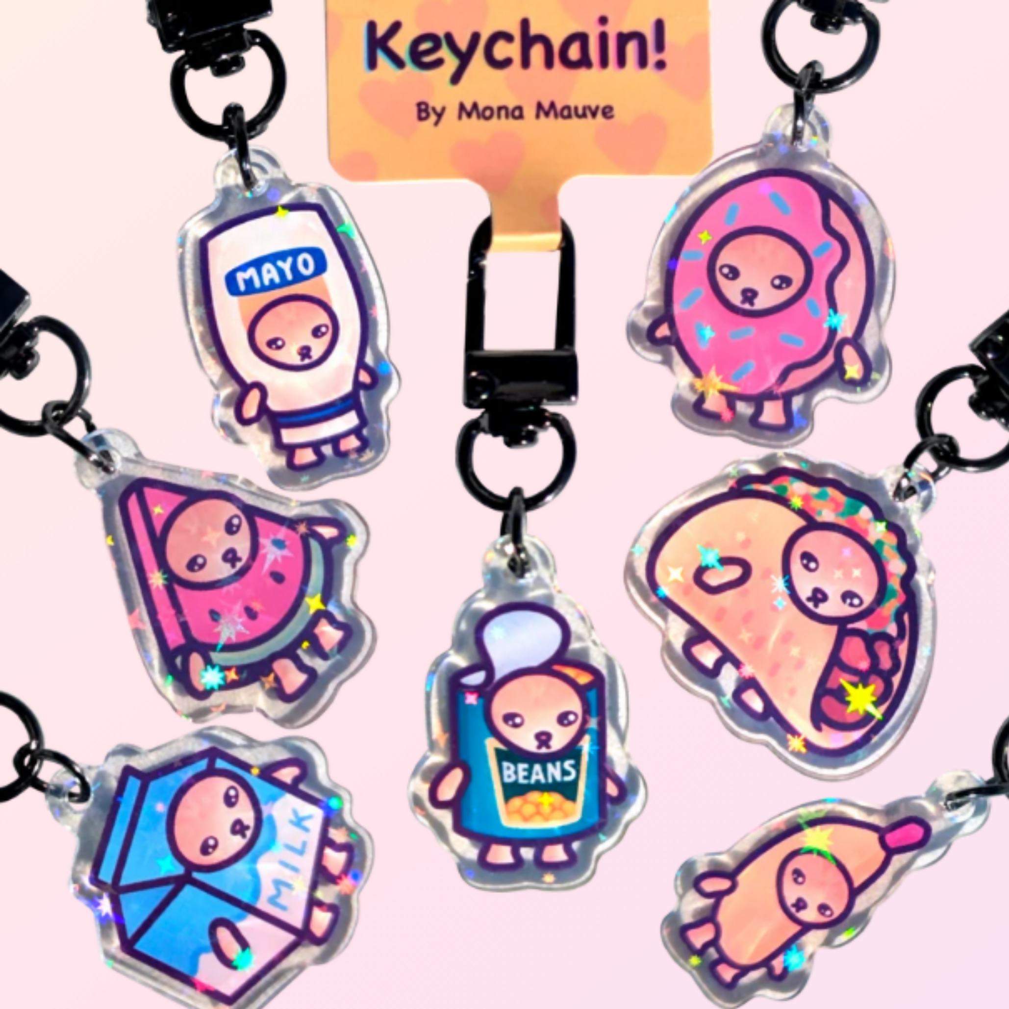 Snack Cats Glitter Keychain | Food Cat Acrylic Charm | Sparkly Bag Charm