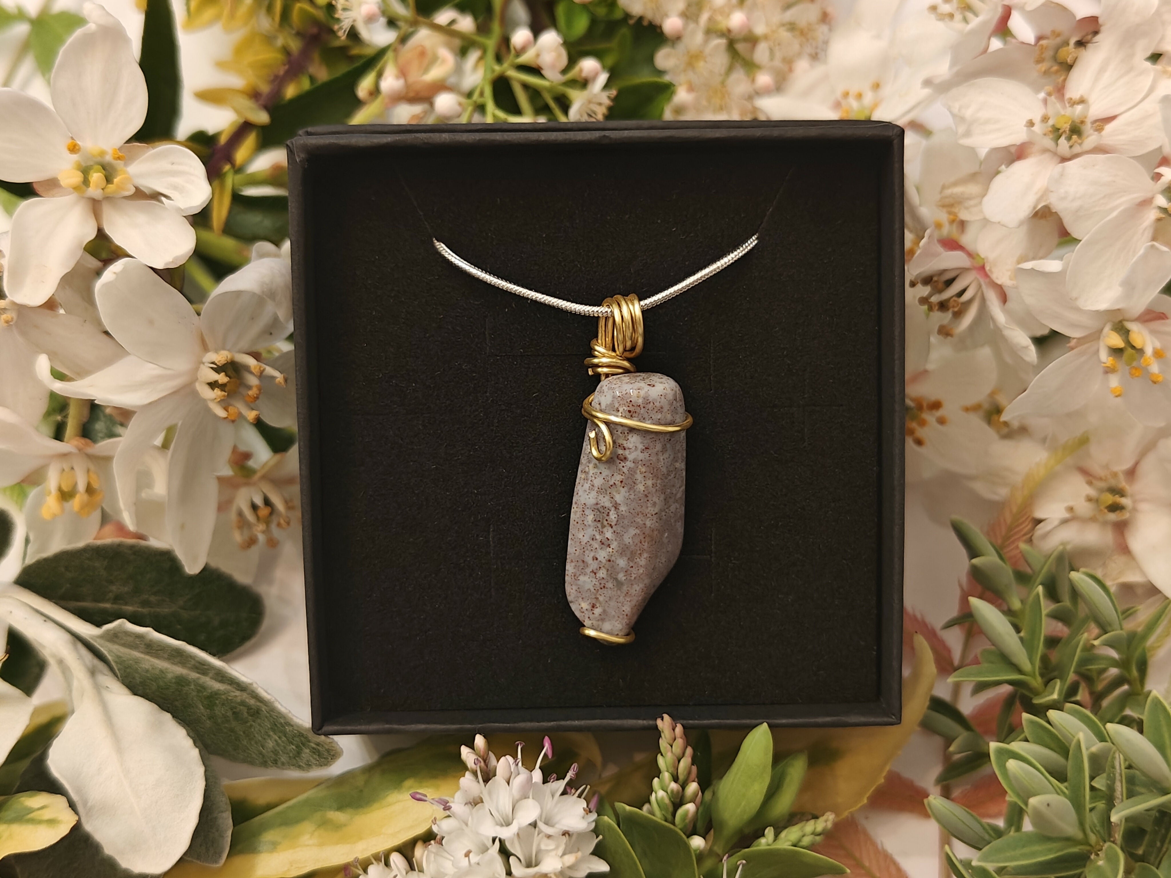 Jasper Wire Wrapped Crystal Necklace on Sterling Silver Chain